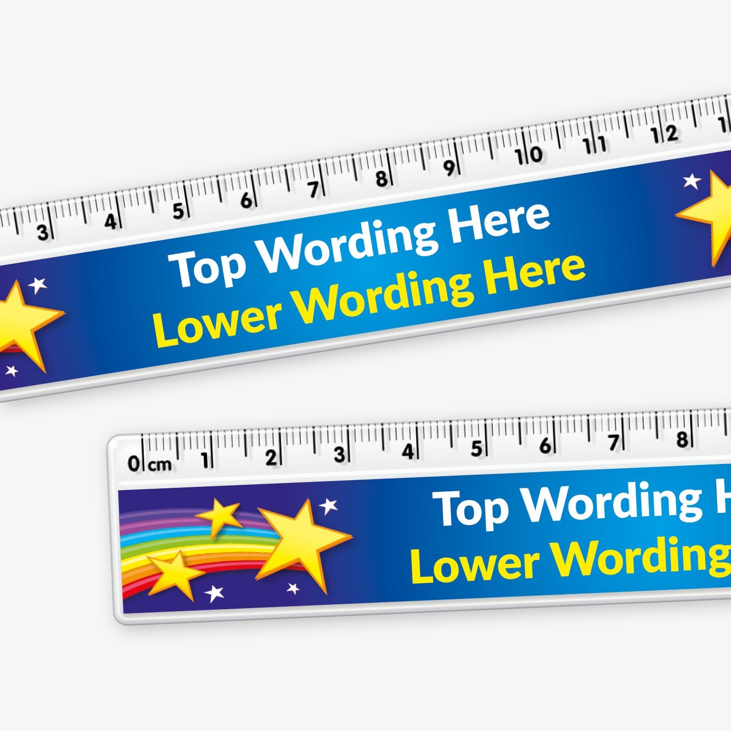 Close up of customisable 15cm ruler featuring a blue background with colourful shooting stars and space for top and bottom personalised text.