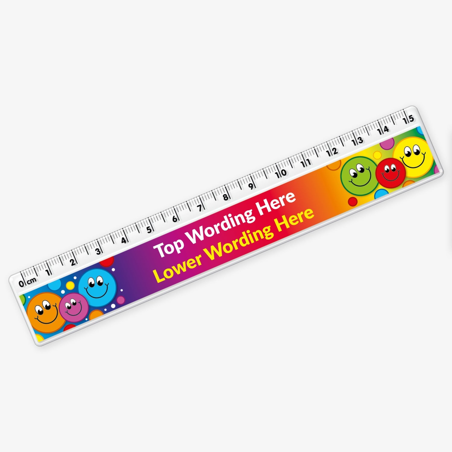 15cm ruler featuring space in the centre for custom top and bottom wording in bold text, decorated a spectrum of vibrant colours and 3 colourful, smiling cartoon faces at each end.