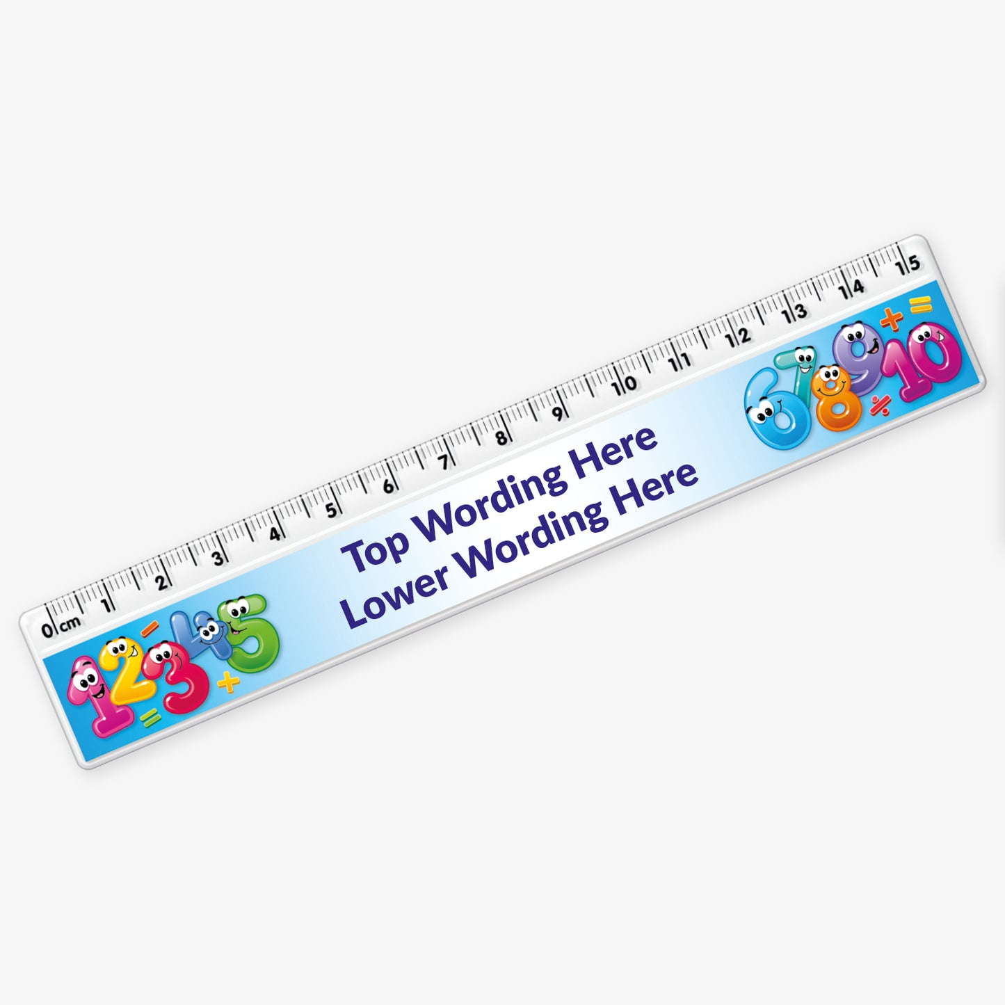 A blue 15cm ruler featuring space in the centre for custom top and bottom wording in bold text, decorated with colourful numbers which are smiling and bubble like.