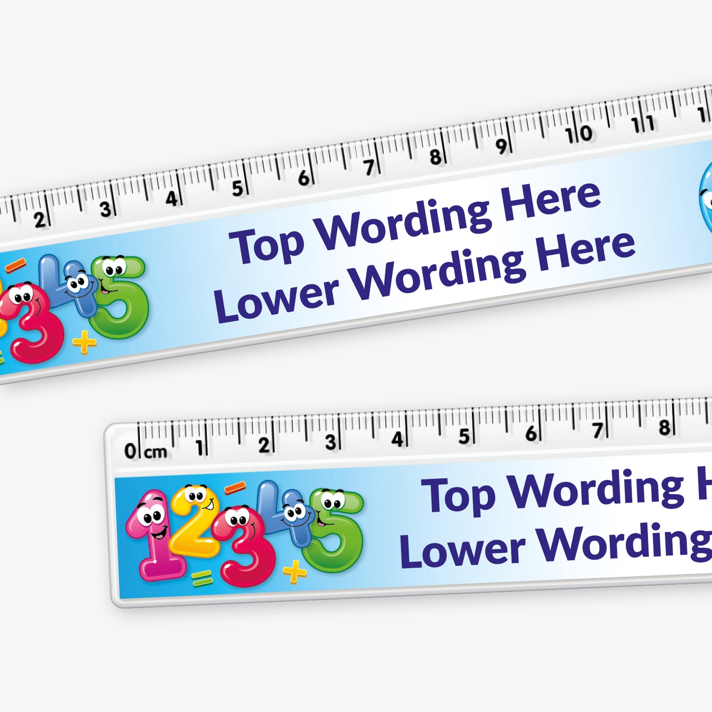 Close up of a blue 15cm ruler featuring space in the centre for custom top and bottom wording in bold text, decorated with colourful numbers which are smiling and bubble like.