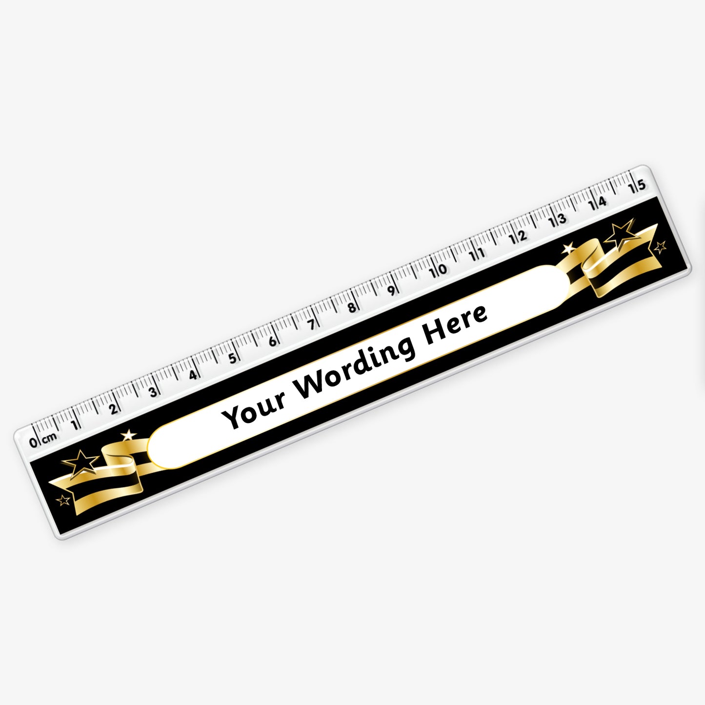 15cm plastic ruler with a black background, decorated with a gold and black banner with space in the centre for custom wording in bold text.