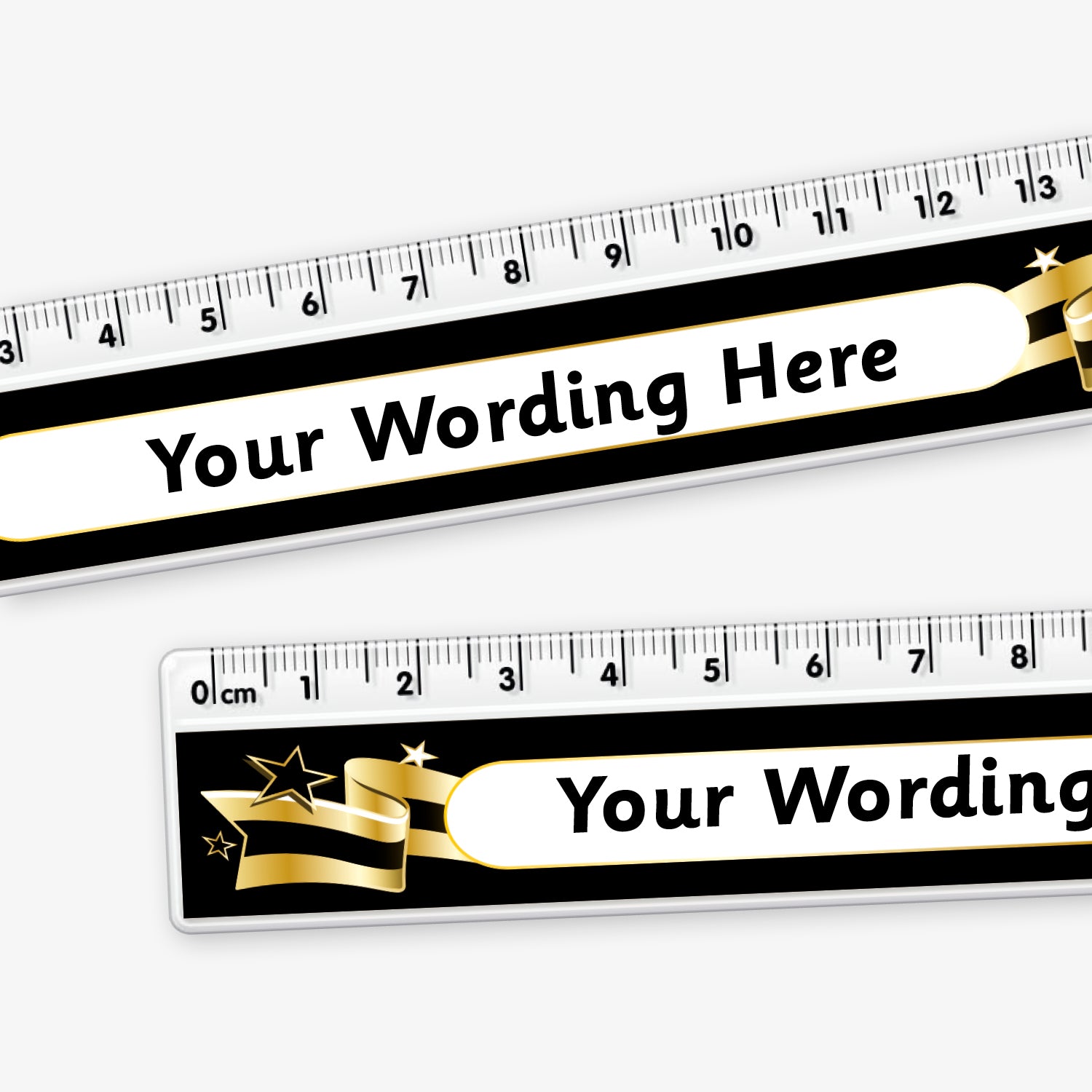 Close up of 15cm plastic ruler with a black background, decorated with a gold and black banner with space in the centre for custom wording in bold text.