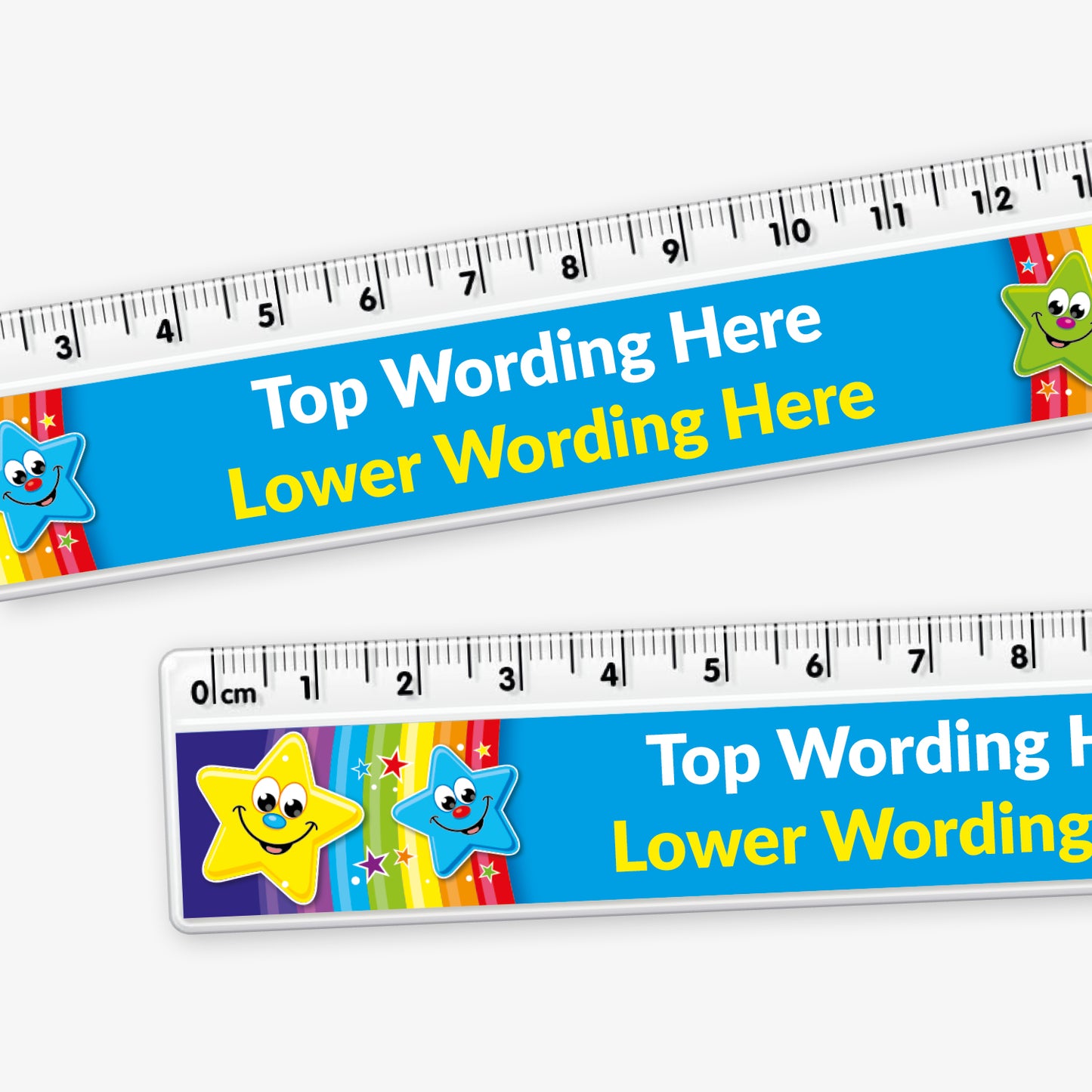 A colourful 15cm plastic ruler with a clear measuring edge marked in centimetres and millimetres. The central section features a blue background with placeholder text reading 'Top Wording Here' and 'Lower Wording Here' in yellow. Cartoon stars with smiling faces and vibrant colours—yellow, blue, green, and red—decorate both ends of the ruler.