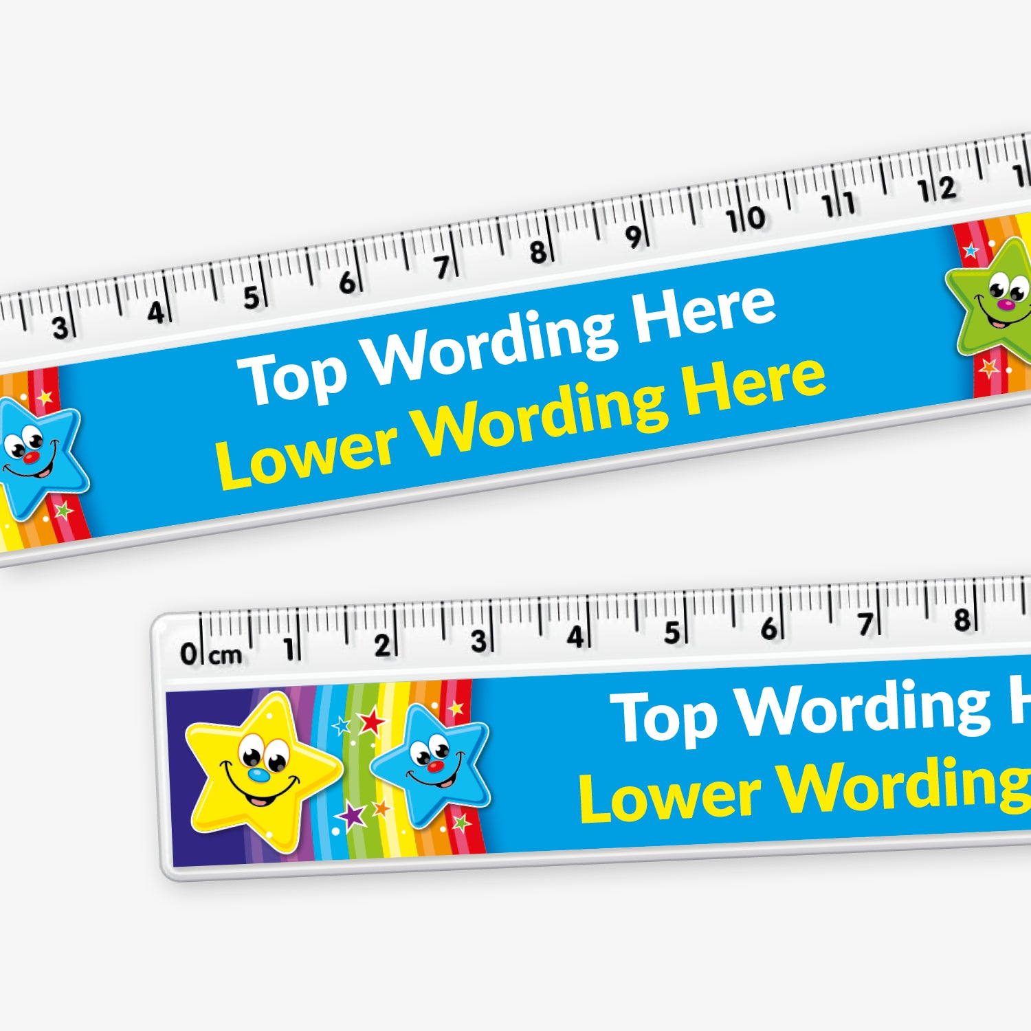 A colourful 15cm plastic ruler with a clear measuring edge marked in centimetres and millimetres. The central section features a blue background with placeholder text reading 'Top Wording Here' and 'Lower Wording Here' in yellow. Cartoon stars with smiling faces and vibrant colours—yellow, blue, green, and red—decorate both ends of the ruler.