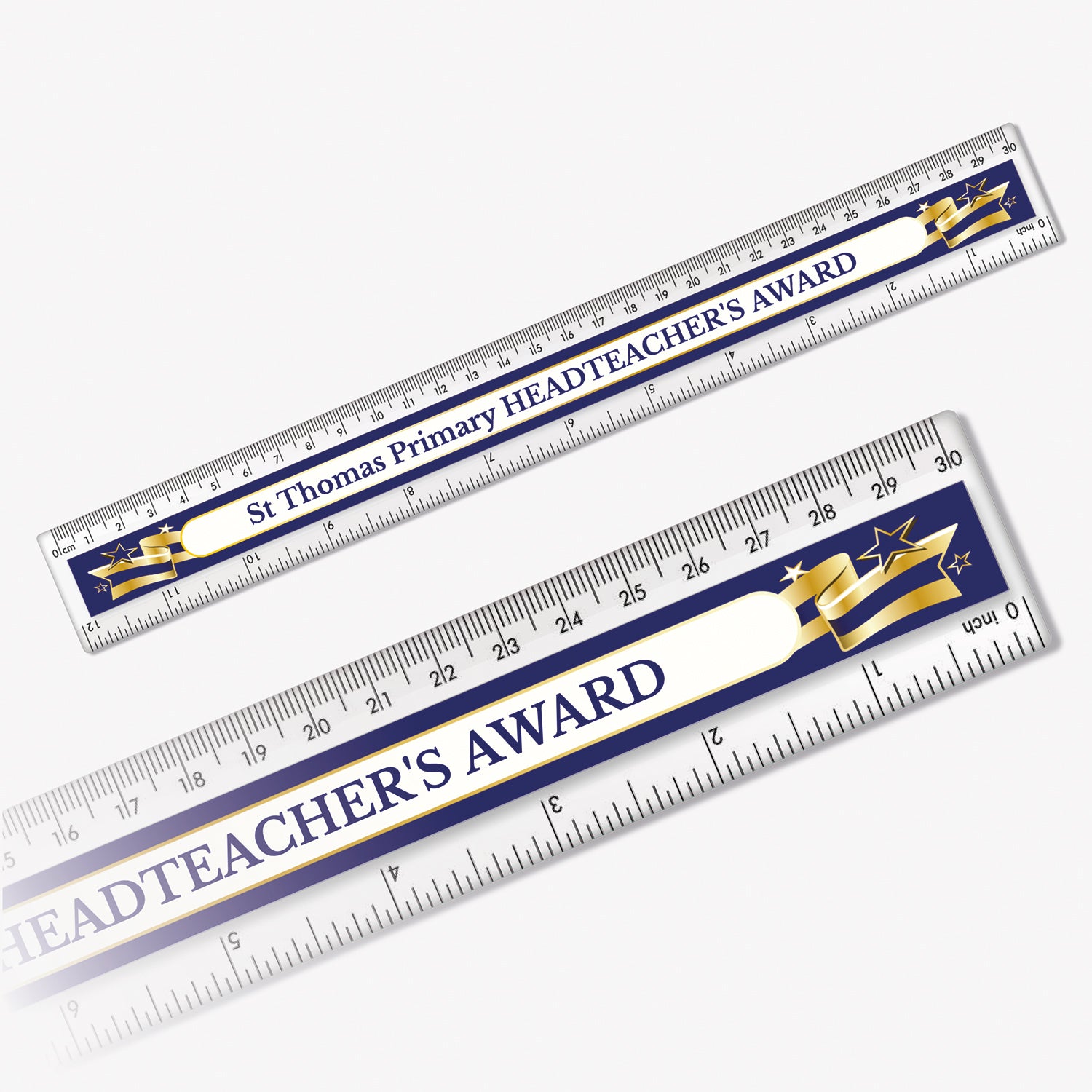 30cm plastic ruler with a black background, decorated with a gold and black banner with space in the centre for custom wording in bold text.