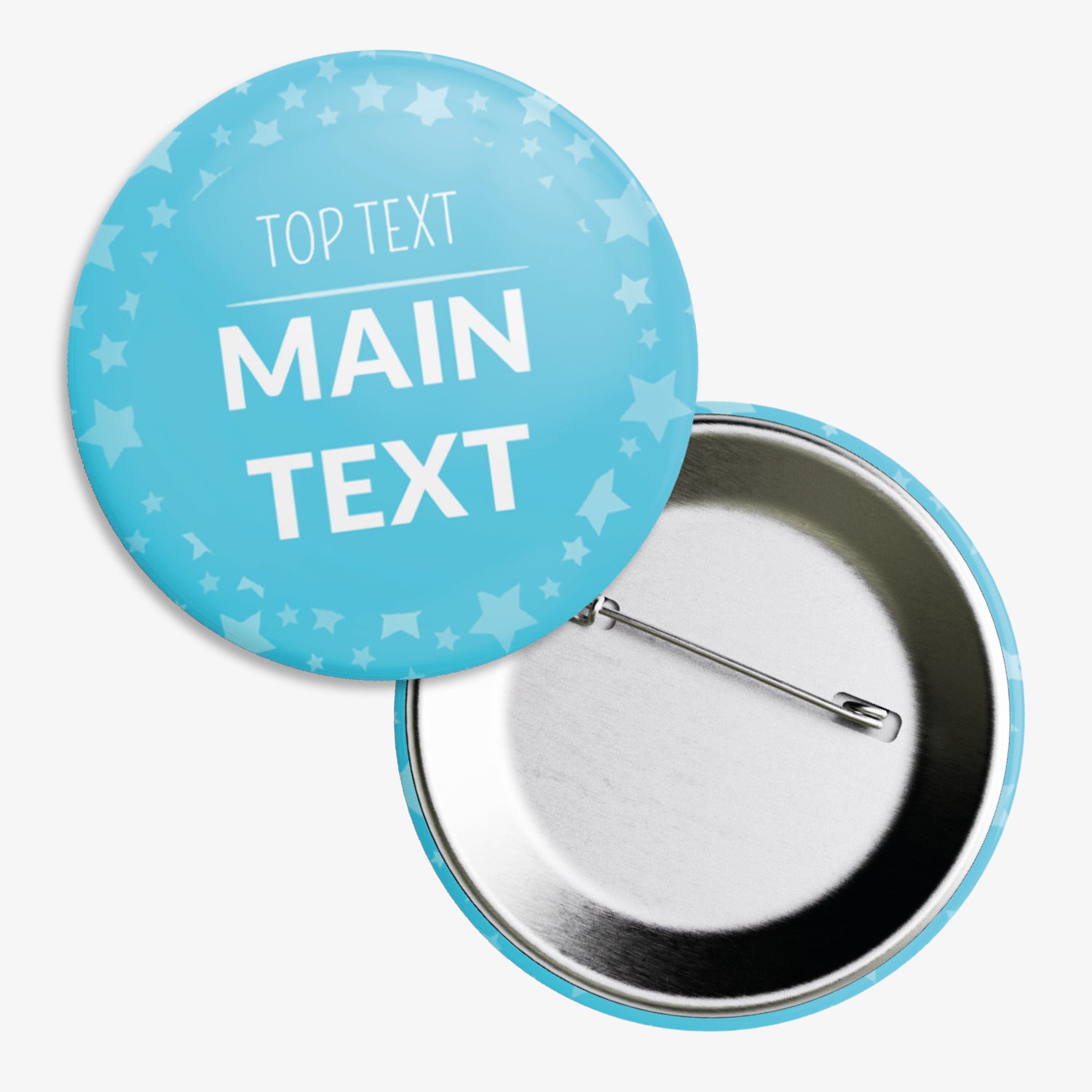 A set of ten 38mm round badges with a pale blue background adorned with scattered white stars, featuring 'TOP TEXT' and 'MAIN TEXT' as customisable text areas as the central design; the badge includes a safety pin backing.