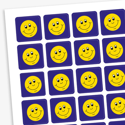 A sheet of 140 square 16mm reward stickers, each featuring a yellow smiling comical face, set against a vibrant blue background.