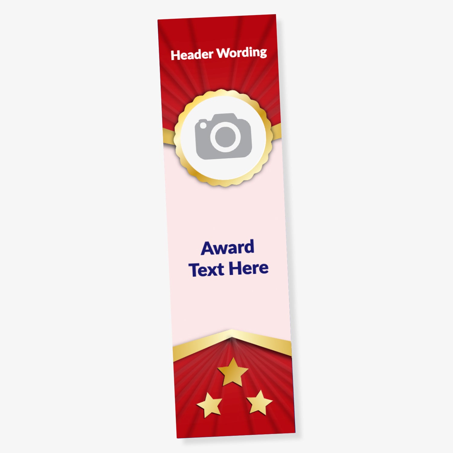 Customisable award bookmark design with a red and gold theme. Features placeholder text 'Header Wording' at the top, a circular image placeholder resembling a rosette, and 'Award Text Here' in the centre. The bottom section includes three gold stars on a red background with a gold border.