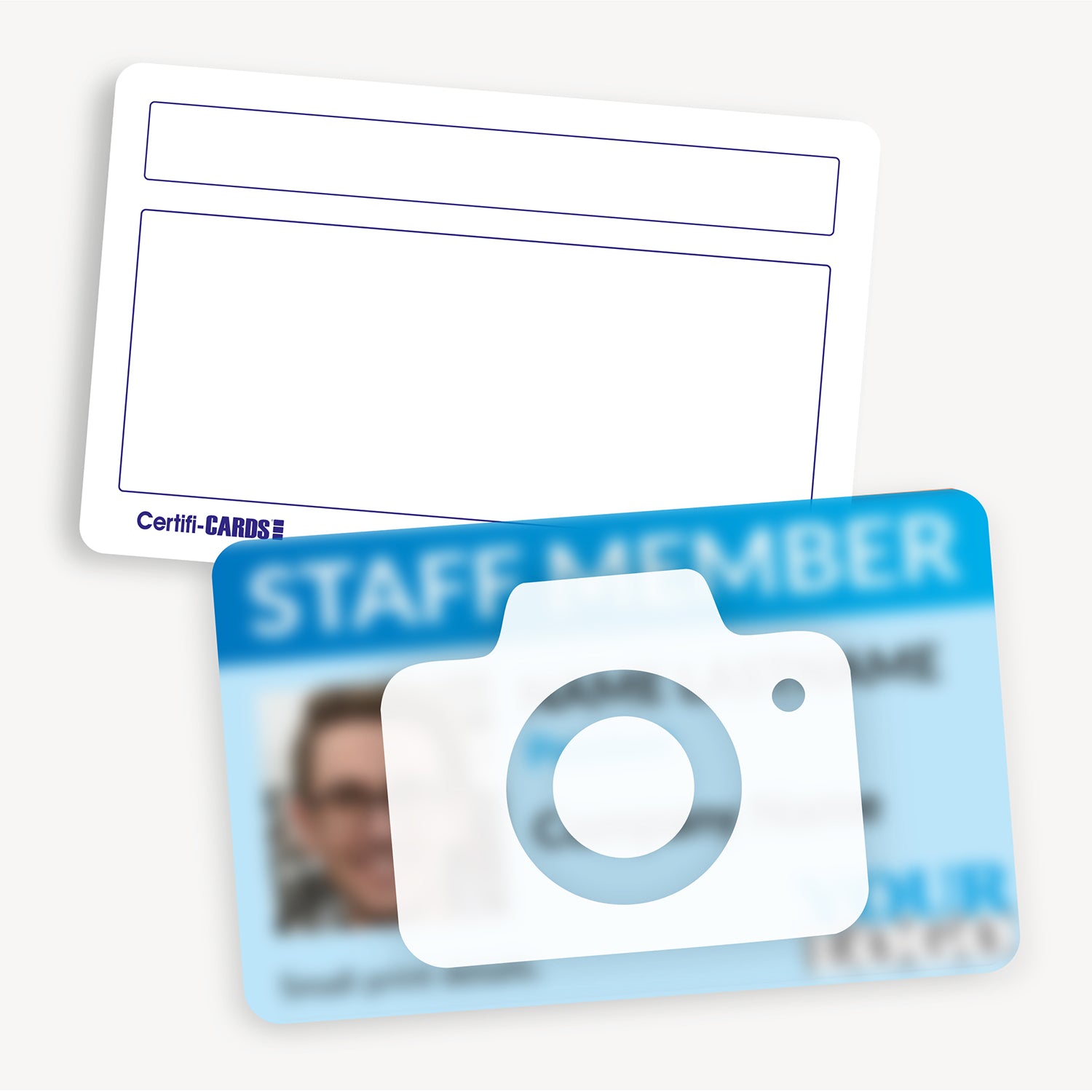 Customisable ID card measuring 86mm by 54mm, featuring a an icon that the full front of the card is an 'Upload your image'.  You also see the reverse of the card with 2 text boxes.
