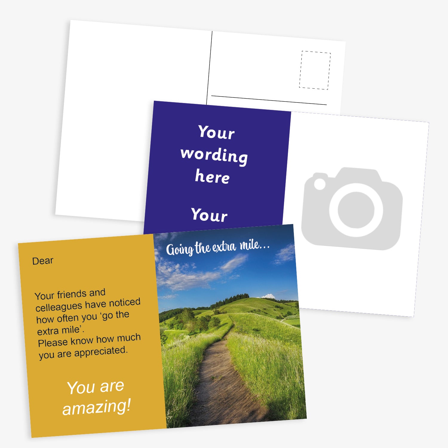 Customisable business postcard featuring the an image of going the extra mile with a note to the recipient about how appreciated they are. The second postcard side shows placeholder text 'Your wording here' on a blue panel and a grey camera icon indicating space for a photo, alongside the standard postcard address layout reverse.