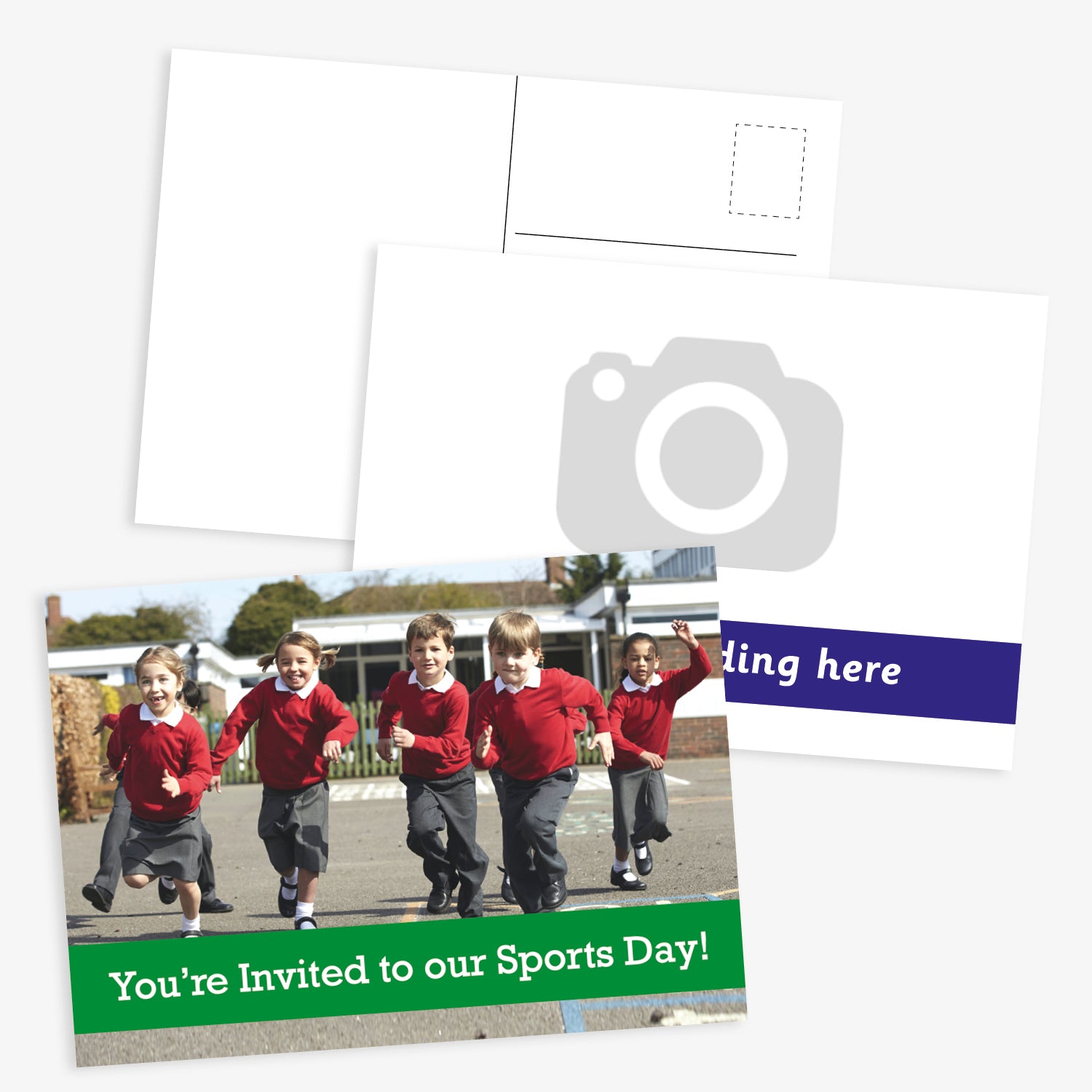 Customisable school postcard design. The front shows a group of smiling primary school children running in the playground, with a caption at the bottom reading 'You're Invited to our Sports Day!'. The one below includes space for a photo and banner at bottom for customised text.  The reverse of the postcard has space for a message, address, and stamp.