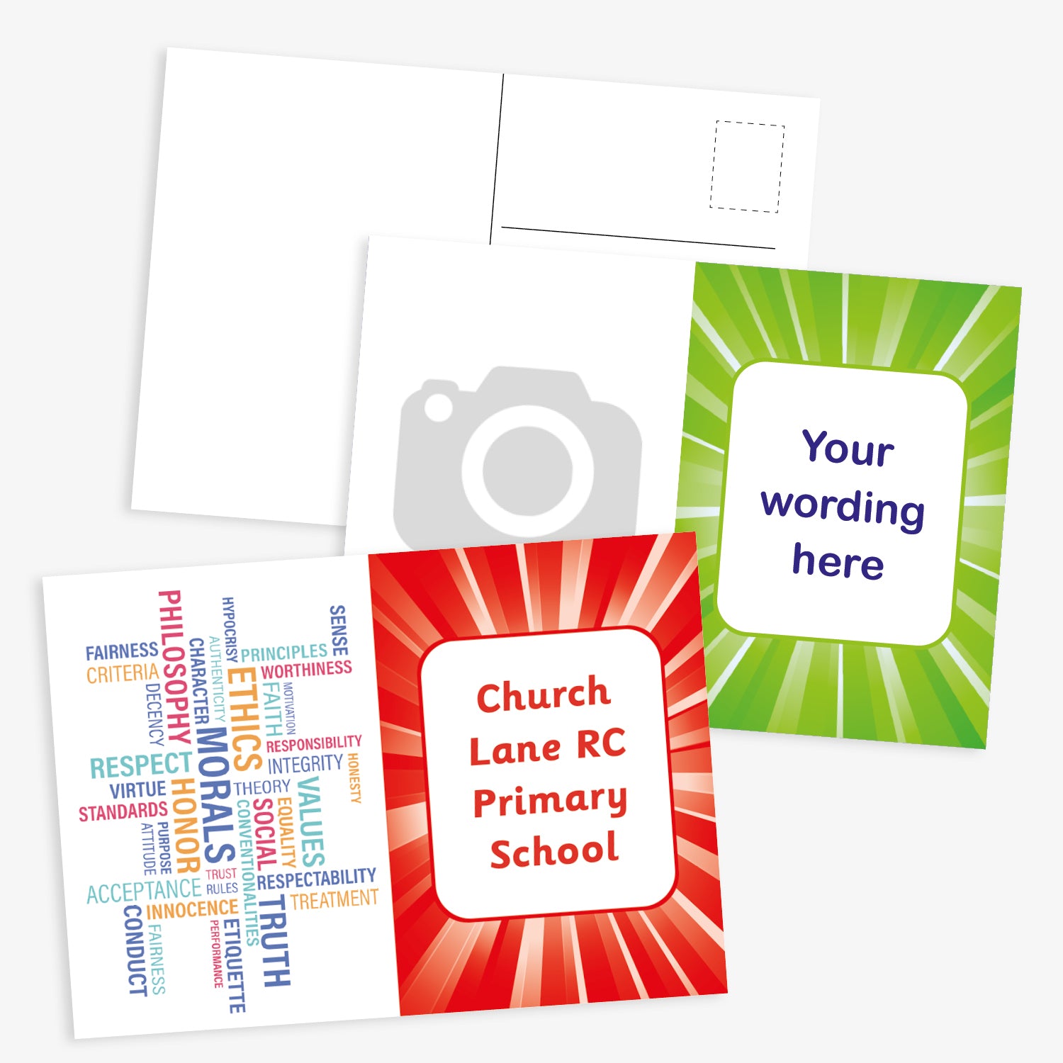 A set of customisable A6 postcards with sample text and graphics, including a space for a personal image or logo.