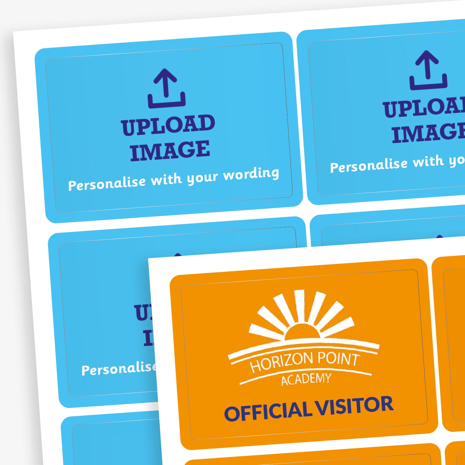 A sheet of customisable rectangular stickers. Most are blue with placeholder text that reads 'UPLOAD IMAGE' and 'Personalise with your wording'. One orange sticker in the foreground is completed with the logo and name 'Horizon Point Academy' and the label 'OFFICIAL VISITOR' in white text. These stickers are intended for custom school or event use.