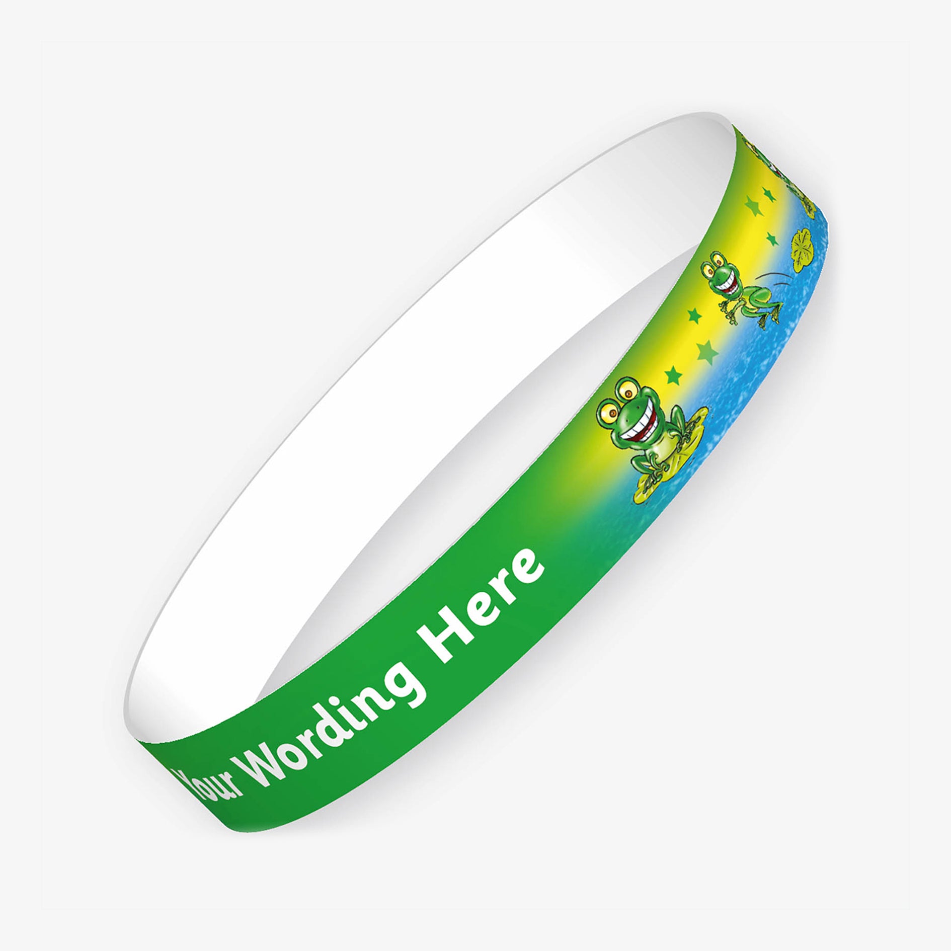 A customisable wristband with a green background and yellow text.  The centre is displaying the placeholder text 'YOUR WORDING HERE'.  Alongside is a water scene with cartoon smiling frogs sat on lily pads.