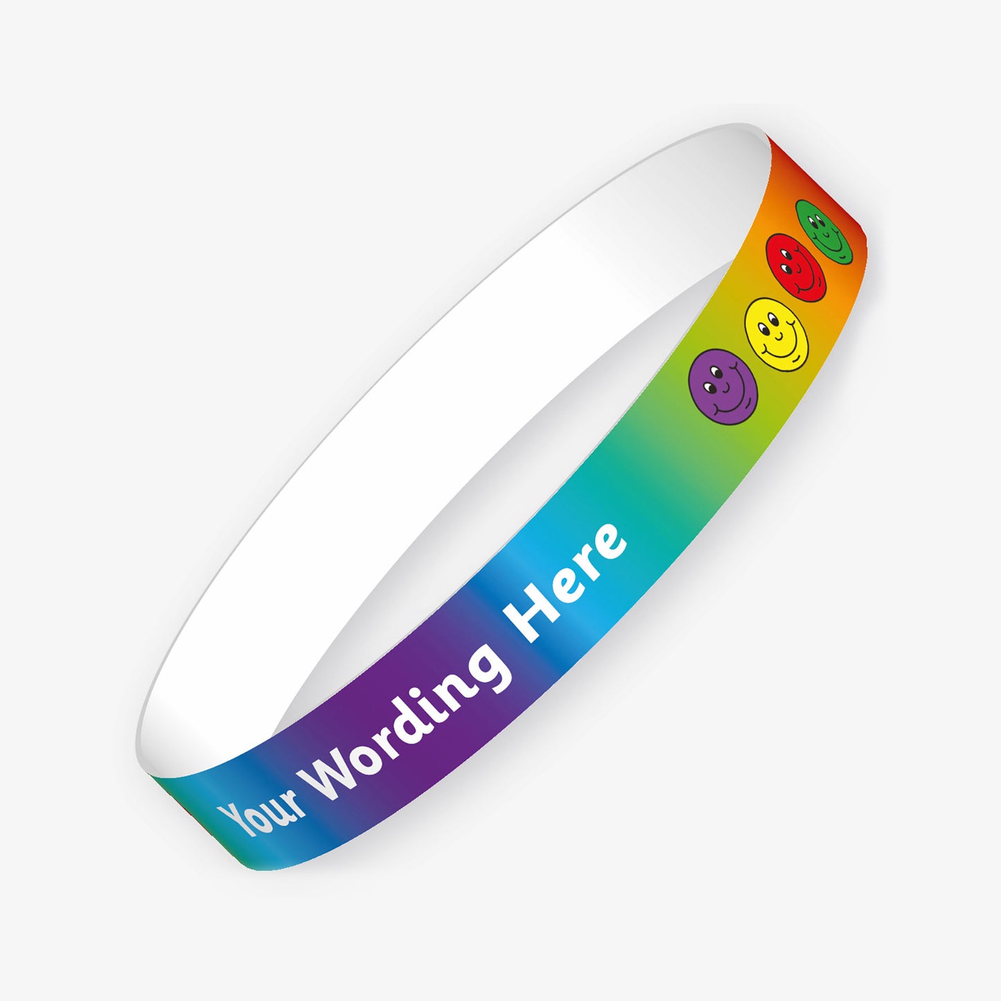 A customisable wristband with a rainbow gradient background and the placeholder text 'Your Wording Here' in white. The band features a series of colourful smiley face icons—purple, red, yellow, and green.