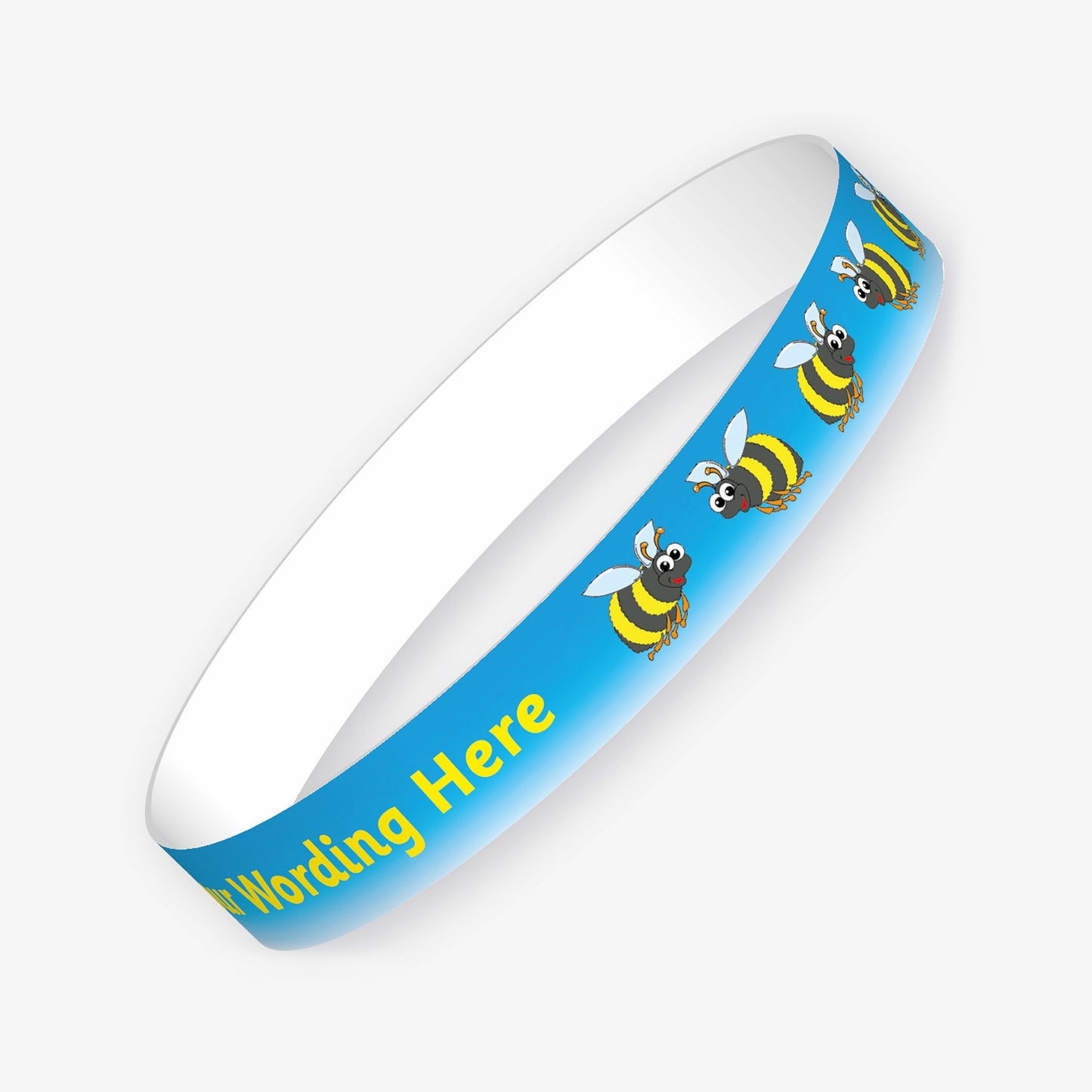 A customisable wristband with a cyan background and yellow text.  The centre is displaying the placeholder text 'YOUR WORDING HERE' alongside images of cartoon bees
