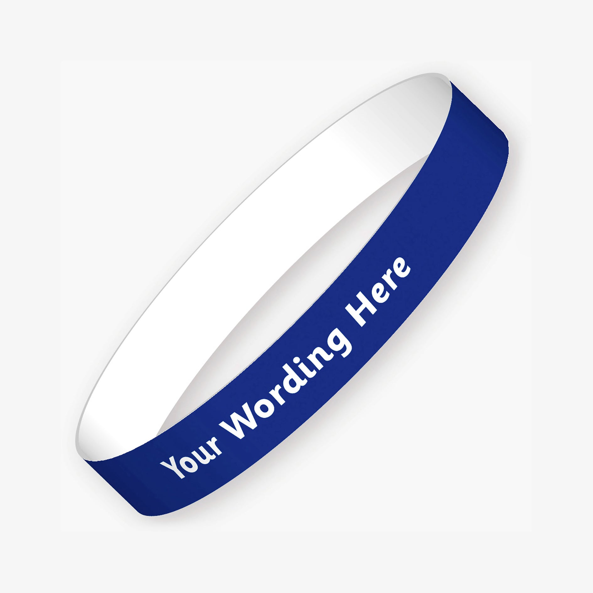 A customisable wristband with a dark blue background and white text.  The centre is displaying the placeholder text 'YOUR WORDING HERE' 