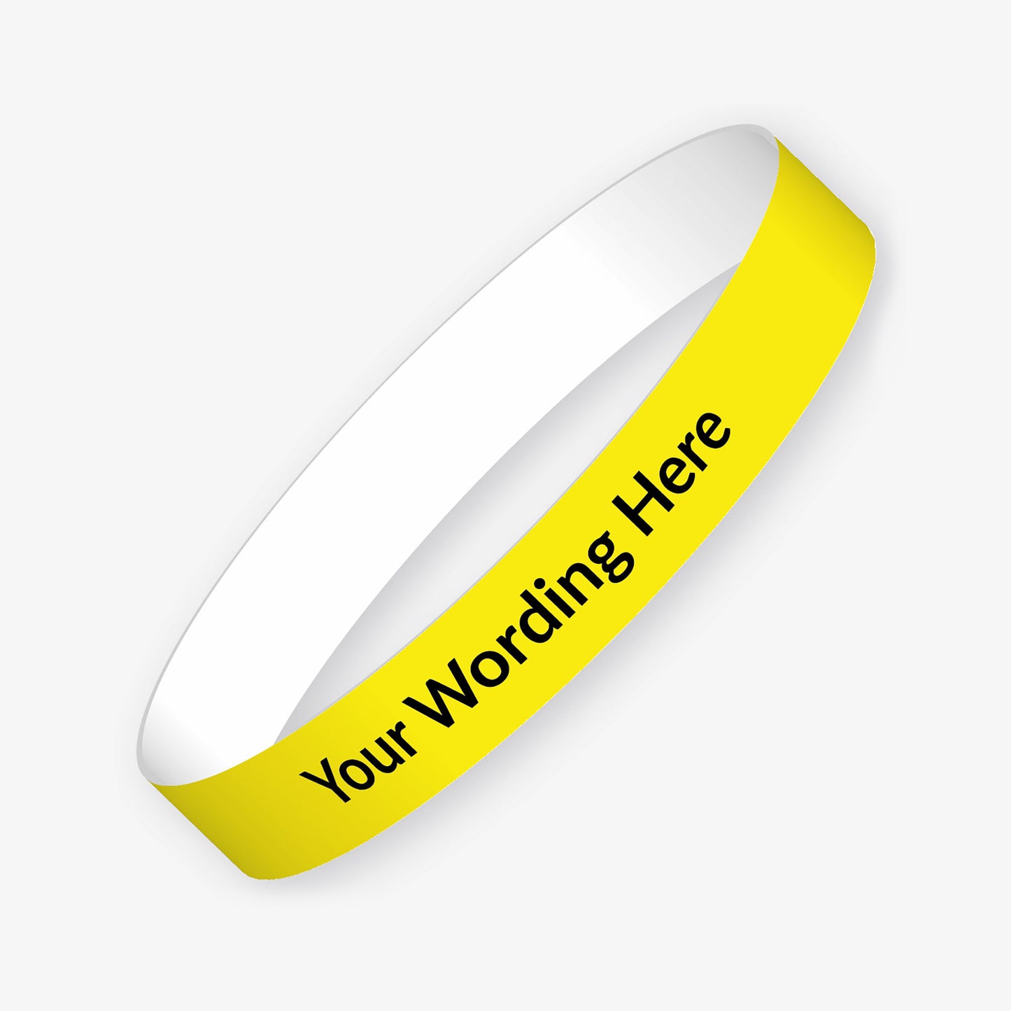 A customisable wristband with a yellow background and black text.  The centre is displaying the placeholder text 'YOUR WORDING HERE' 