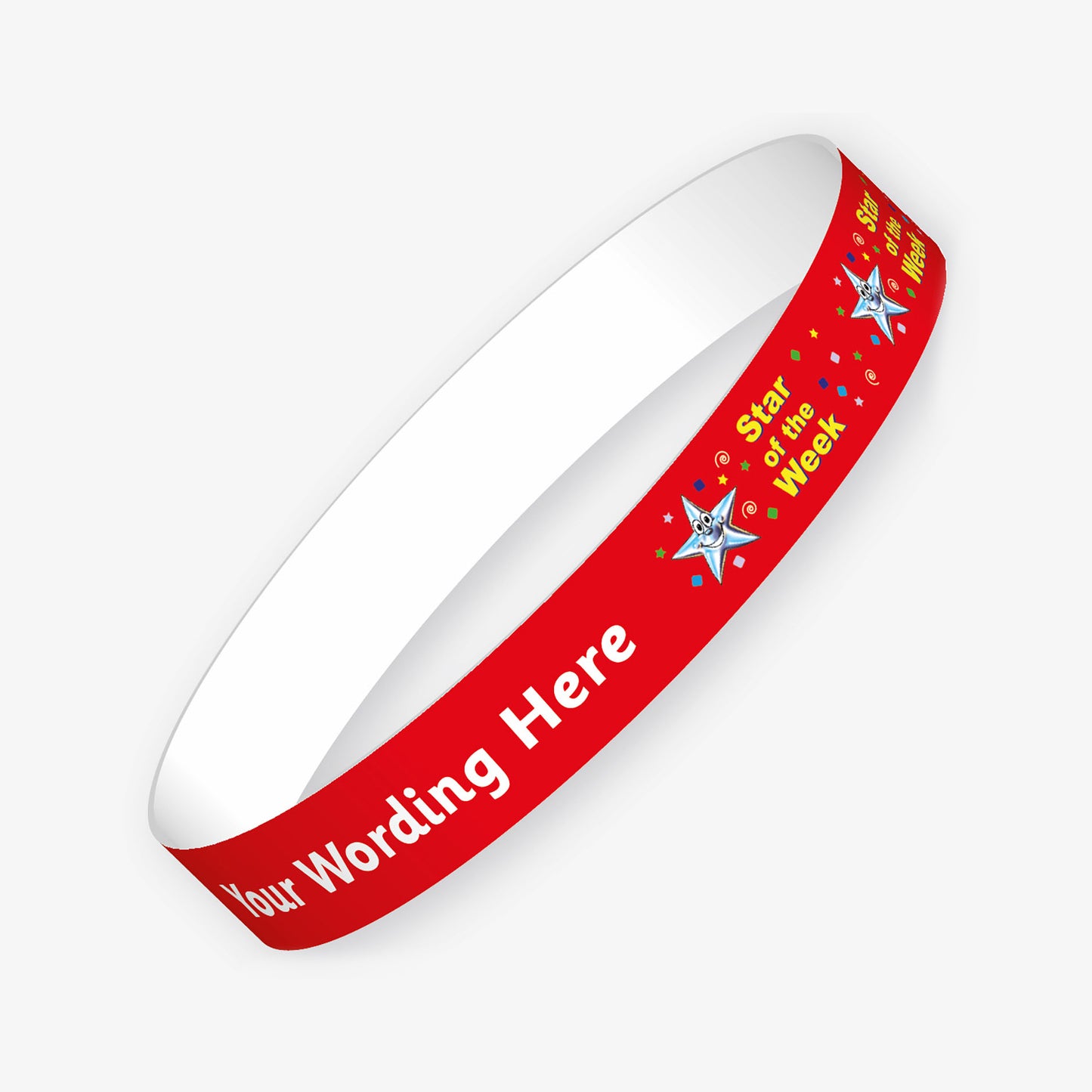 A customisable red wristband featuring the placeholder text 'Your Wording Here' in white. The design includes sparkling silver stars and the phrase 'Star of the Week' in yellow, surrounded by small red and blue decorative dots.