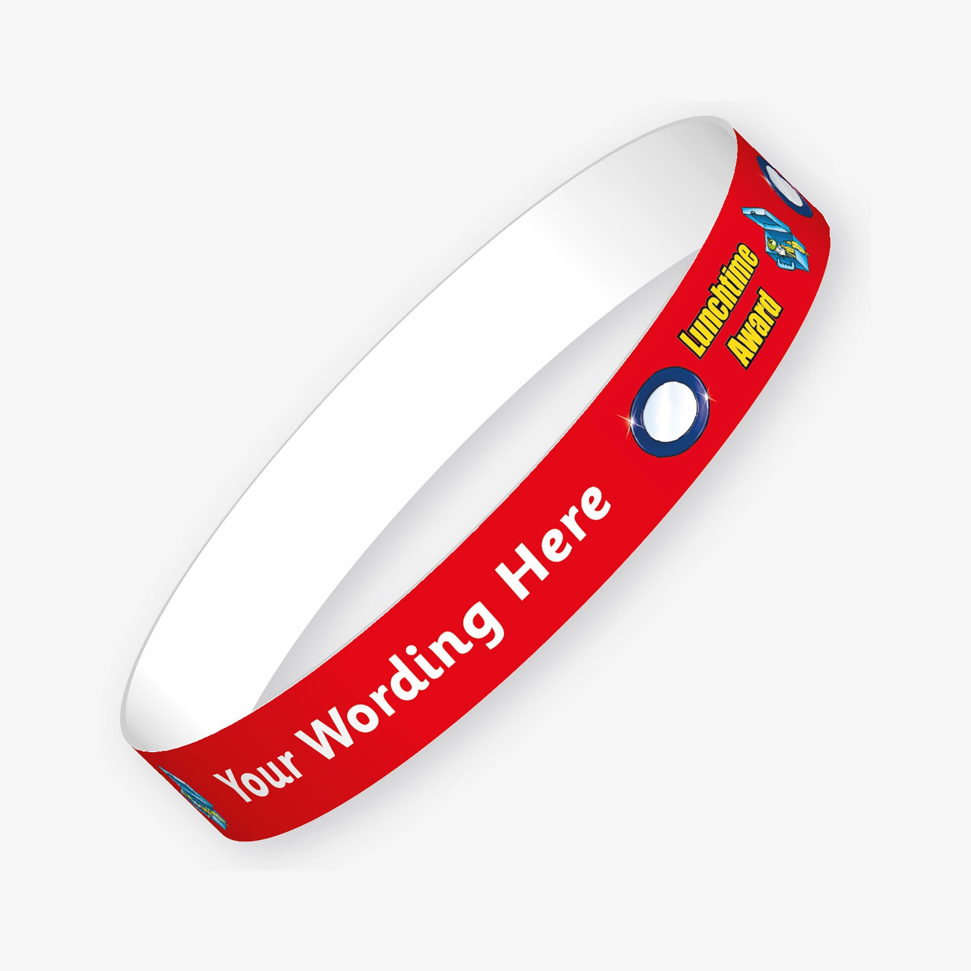 A customisable wristband with a red background and white text.  The centre is displaying the placeholder text 'YOUR WORDING HERE'.  The rest of the band has lunchtime images such as a plate and lunchbox aside yellow text saying 'Lunchtime Award'