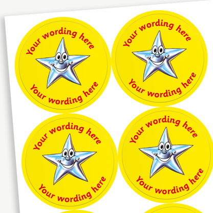 A sheet of 35 round, 37mm personalised stickers. Each sticker features a smiling silver star wearing sunglasses, set against a vibrant yellow coloured background. The text 'Your wording here' is displayed above and below the star, allowing for custom messages.