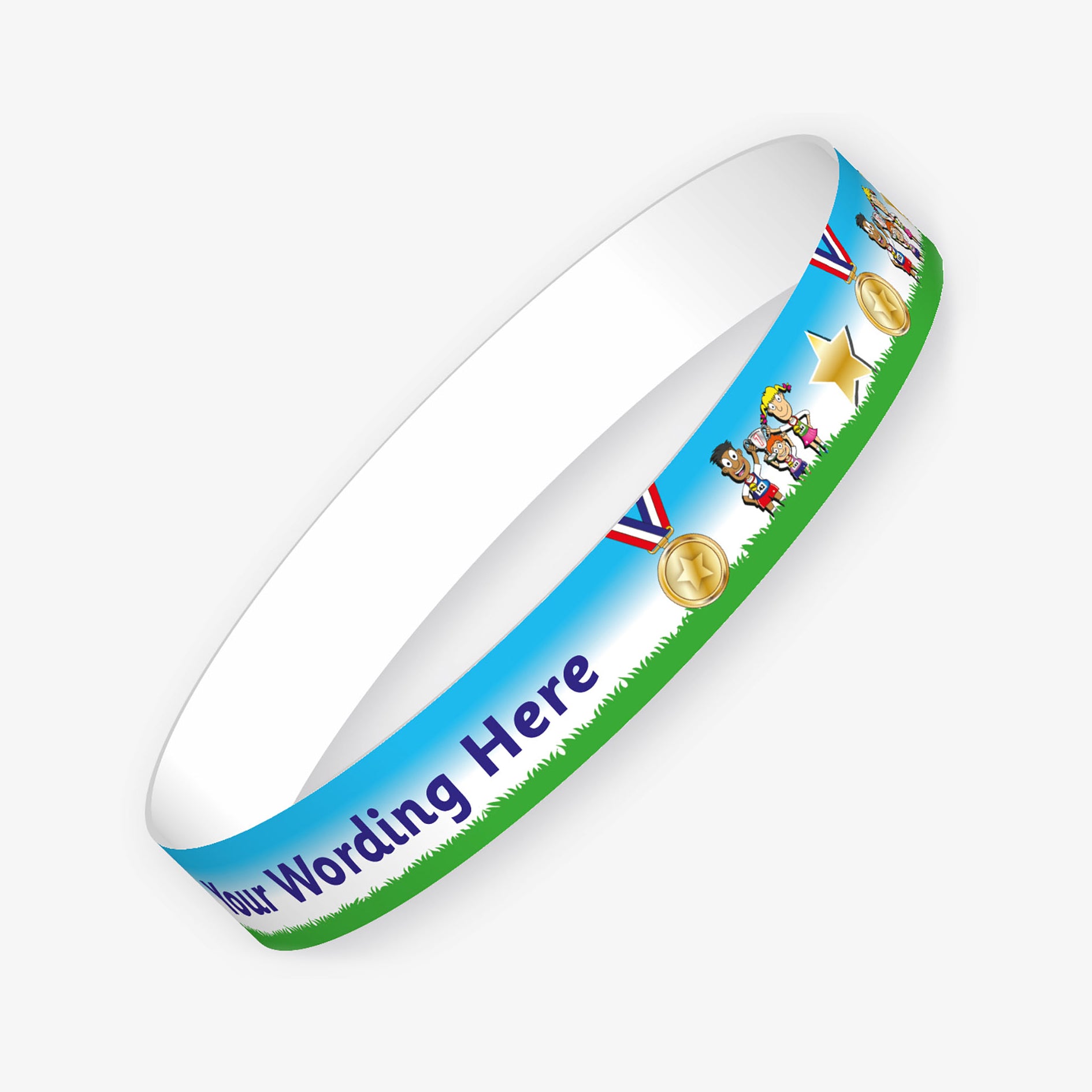 A customisable wristband with a sky blue background and green grass trim along the bottom. It features the placeholder text 'Your Wording Here' in bold purple letters. The design includes images of medals, stars, and cartoon children celebrating on a winners' podium.