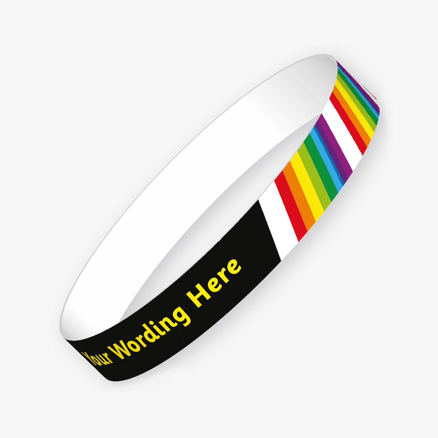 A customisable wristband with a black background with yellow text.  The centre is displaying the placeholder text 'YOUR WORDING HERE'.  Th remainder of the wristband has repeating rainbow colours.