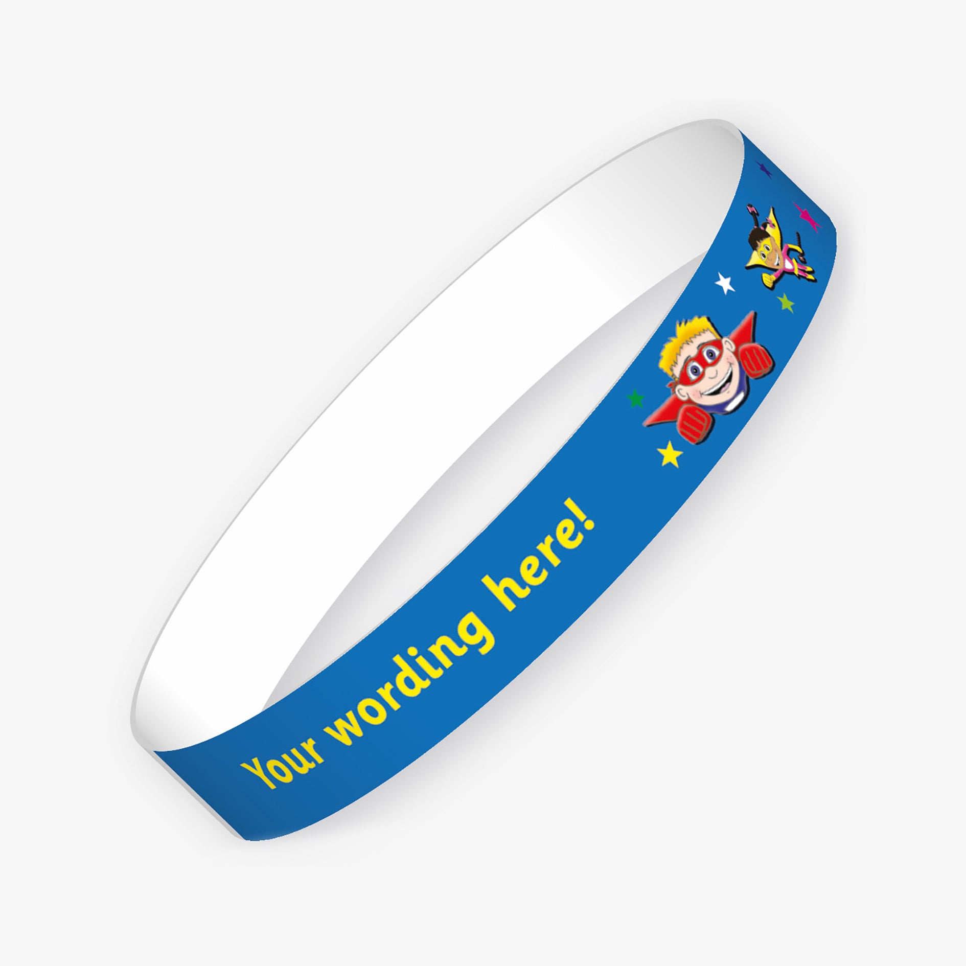 A blue customisable wristband with the placeholder text 'Your wording here!' in bold yellow letters. The design features cheerful cartoon superheroes and scattered yellow stars..