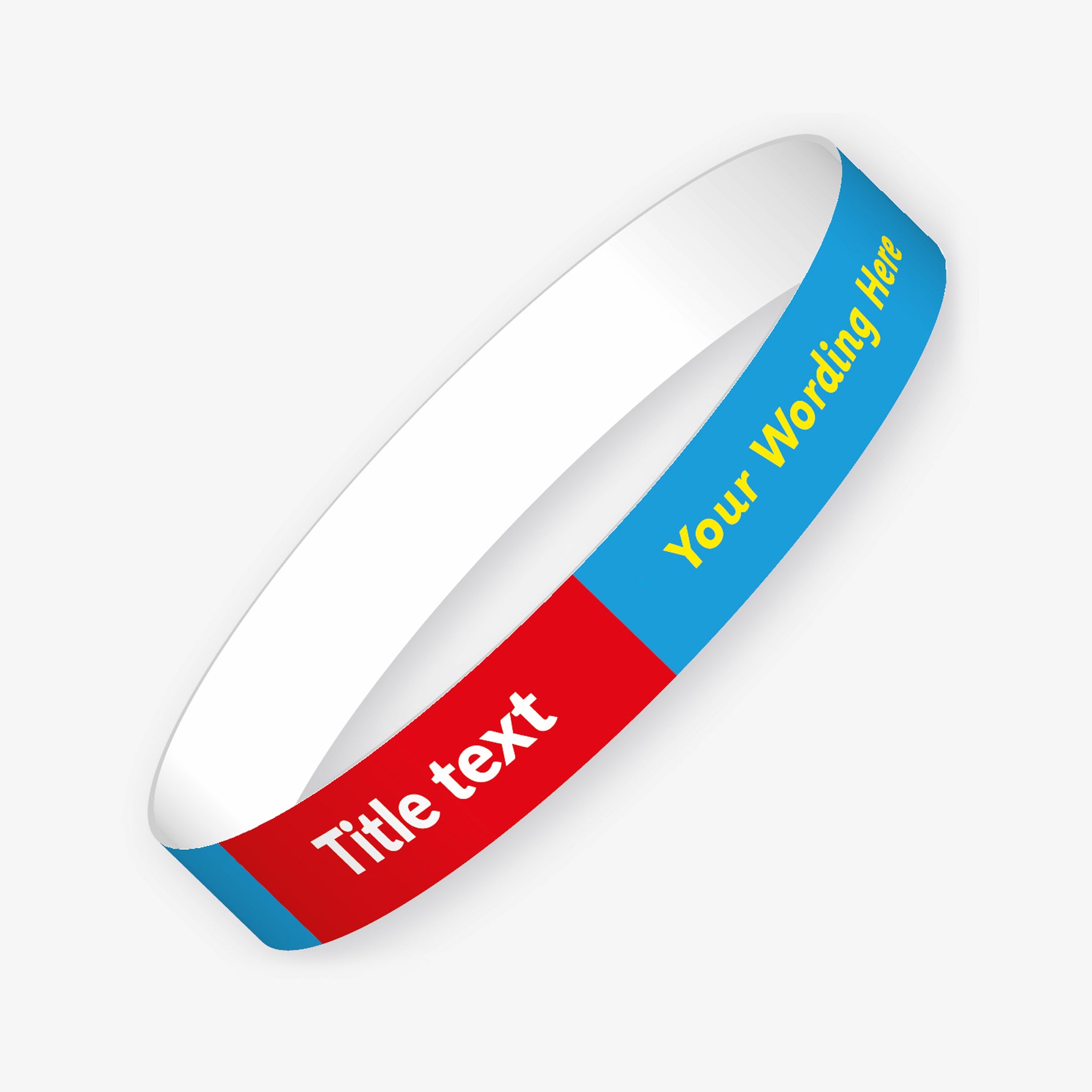 A red and blue customisable wristband with the placeholder text 'Your wording here!' in bold yellow letters on the blue section; on smaller the red section the placeholder text 'Title text' in bold white letters .