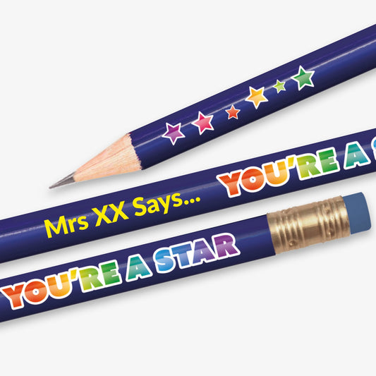 Personalised blue HB pencil with customisable text on the barrel with the phrase 'YOU'RE A STAR' closest to the eraser with stars.  Designed for classroom rewards or promotional use.