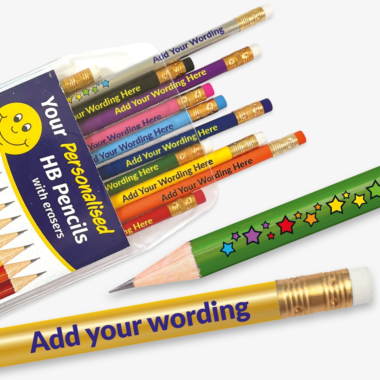 Personalised set of 12 HB pencils, each barrel a different colour.  With stars along half of the barrel there remains space to customise text on the remaining space, complete with eraser.  Designed for classroom rewards or promotional use.
