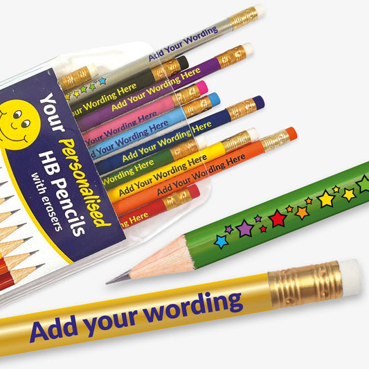Personalised set of 12 HB pencils, each barrel a different colour.  With stars along half of the barrel there remains space to customise text on the remaining space, complete with eraser.  Designed for classroom rewards or promotional use.