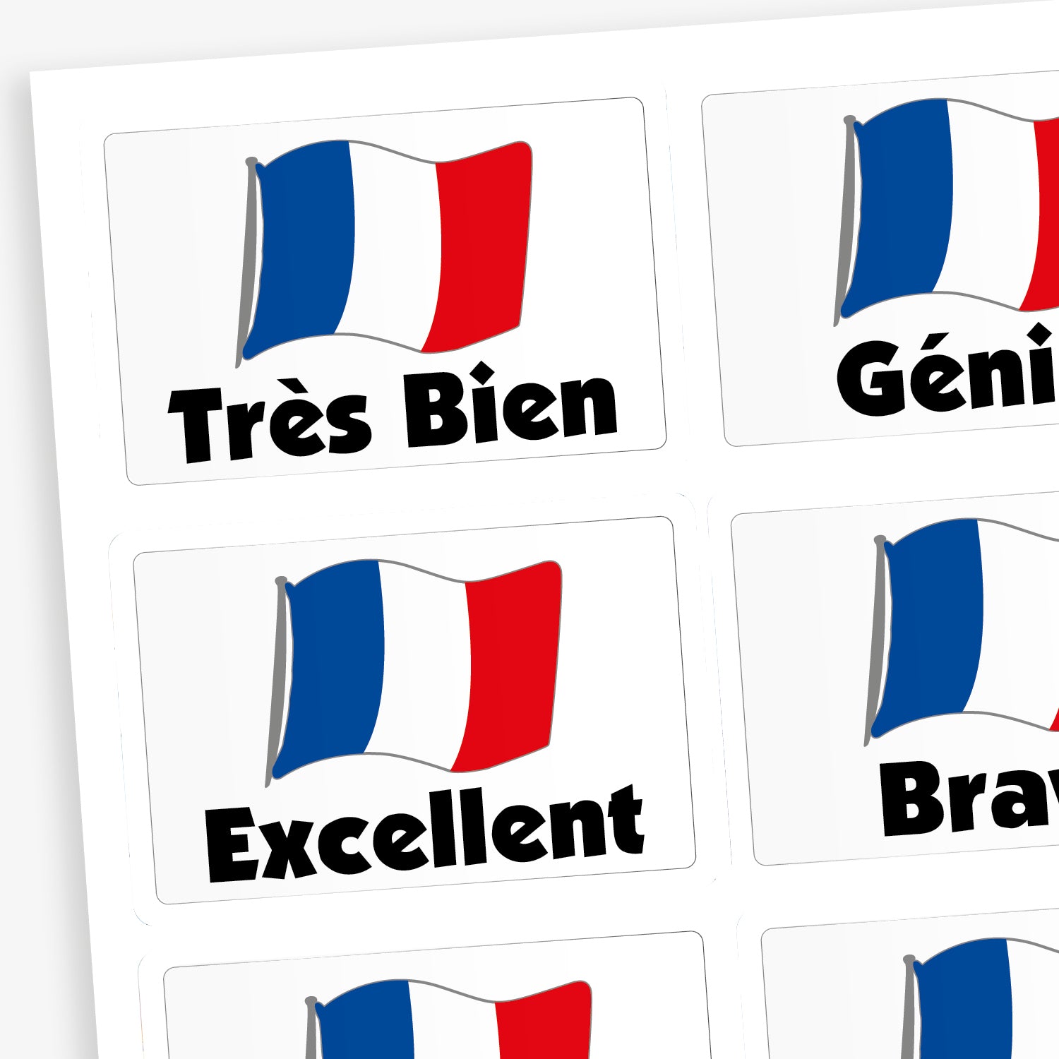 A sheet of rectangular reward stickers featuring the French flag and praise words in French. Each sticker displays a waving tricolour flag above words such as 'Très Bien', 'Génial', 'Excellent', and 'Bravo' in bold black text. 