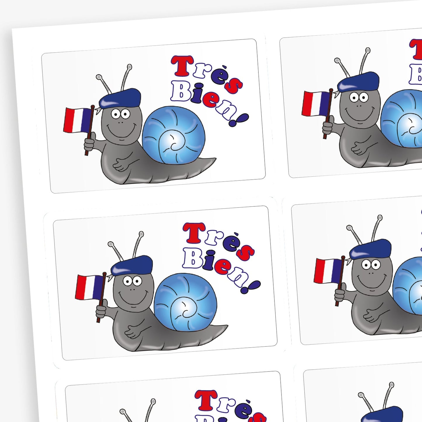 A sheet of rectangular stickers featuring a smiling cartoon snail wearing a blue beret and holding a small French flag. The snail has a light blue shell, and next to it is the French phrase 'Très Bien!' in red, white, and blue text. These stickers are designed to reward achievement in French lessons or language learning.