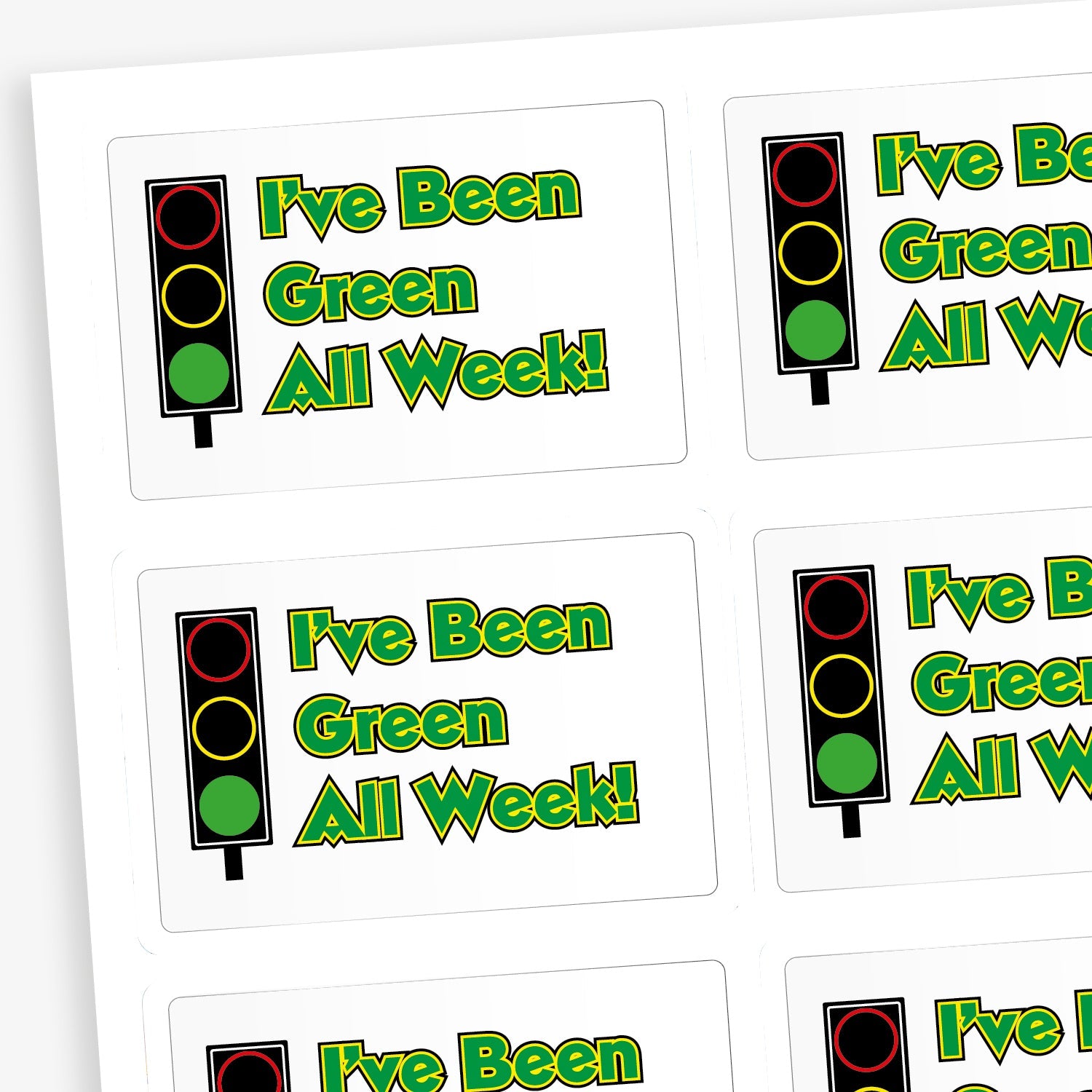A sheet of rectangular stickers featuring a traffic light illustration with the green light lit and the text 'I've Been Green All Week!' in bold, green and yellow letters. These stickers are designed to reward children for consistently positive behaviour throughout the week, aligning with a traffic light behaviour management system.