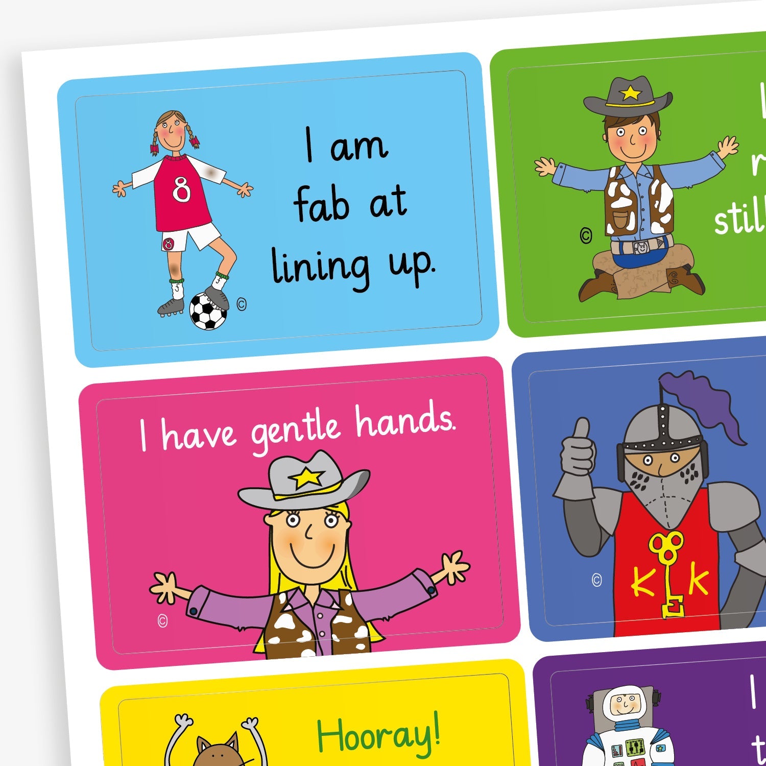 A sheet of rectangular motivational stickers for children, each with a cartoon character and a positive behaviour message. Visible stickers include: 'I am fab at lining up' with a footballer on a blue background, 'I have gentle hands' with a cowgirl on red, and a knight giving a thumbs-up on a dark blue background. Other stickers in the set feature colourful characters and affirmations to encourage good behaviour.