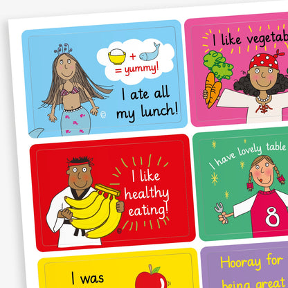 A sheet of rectangular reward stickers promoting healthy eating habits. Messages include: 'I ate all my lunch!' with a mermaid illustration, 'I like vegetables!' with a smiling pirate holding broccoli and carrots, and 'I like healthy eating!' with a child holding a bunch of bananas. Other stickers feature similar messages and cheerful cartoon characters, each on a colourful background.