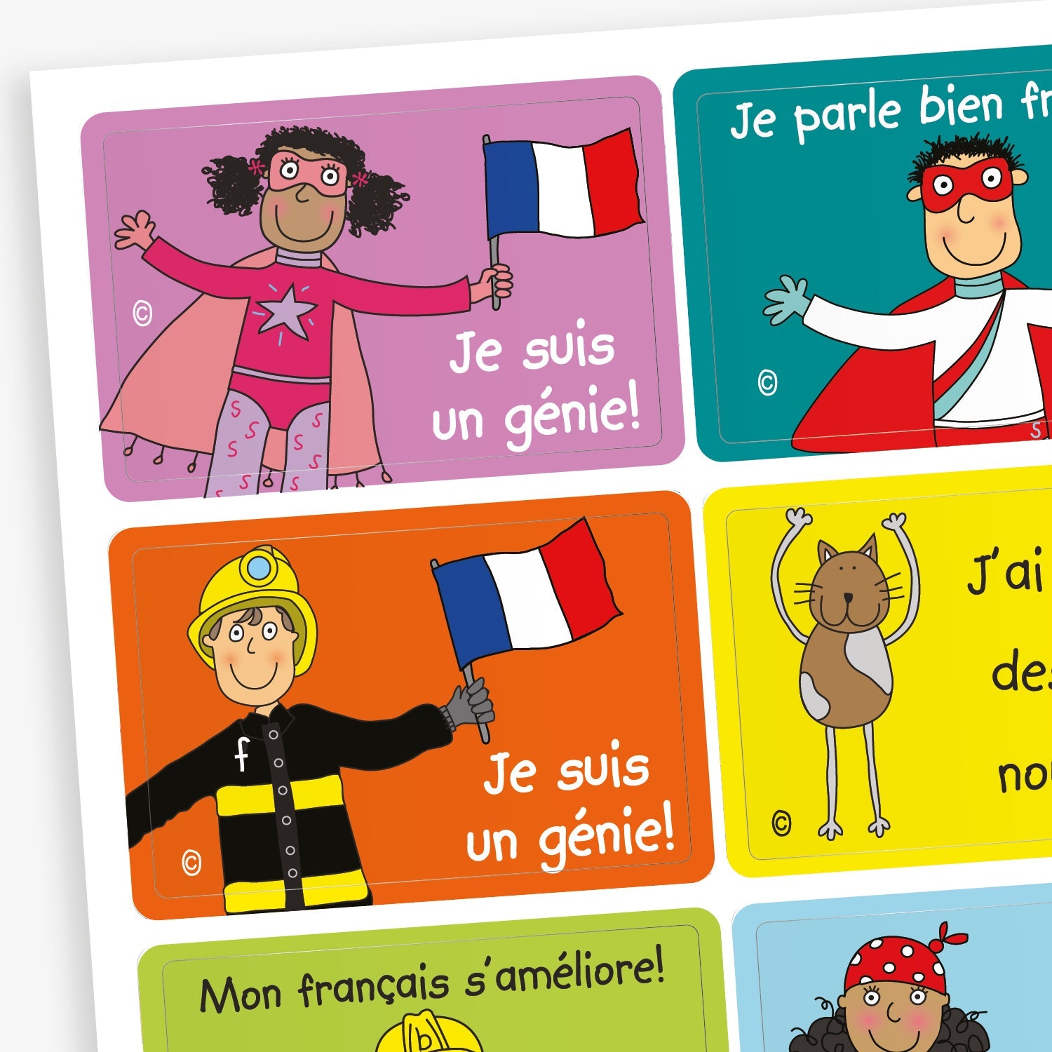 A sheet of colourful rectangular stickers with French phrases and cartoon characters. Messages include 'Je suis un génie!' held by a superhero and a firefighter, and 'Je parle bien français' spoken by a superhero. Other stickers feature encouraging phrases like 'Mon français s’améliore!'  with cheerful child characters holding French flags. Each sticker has a bright background colour