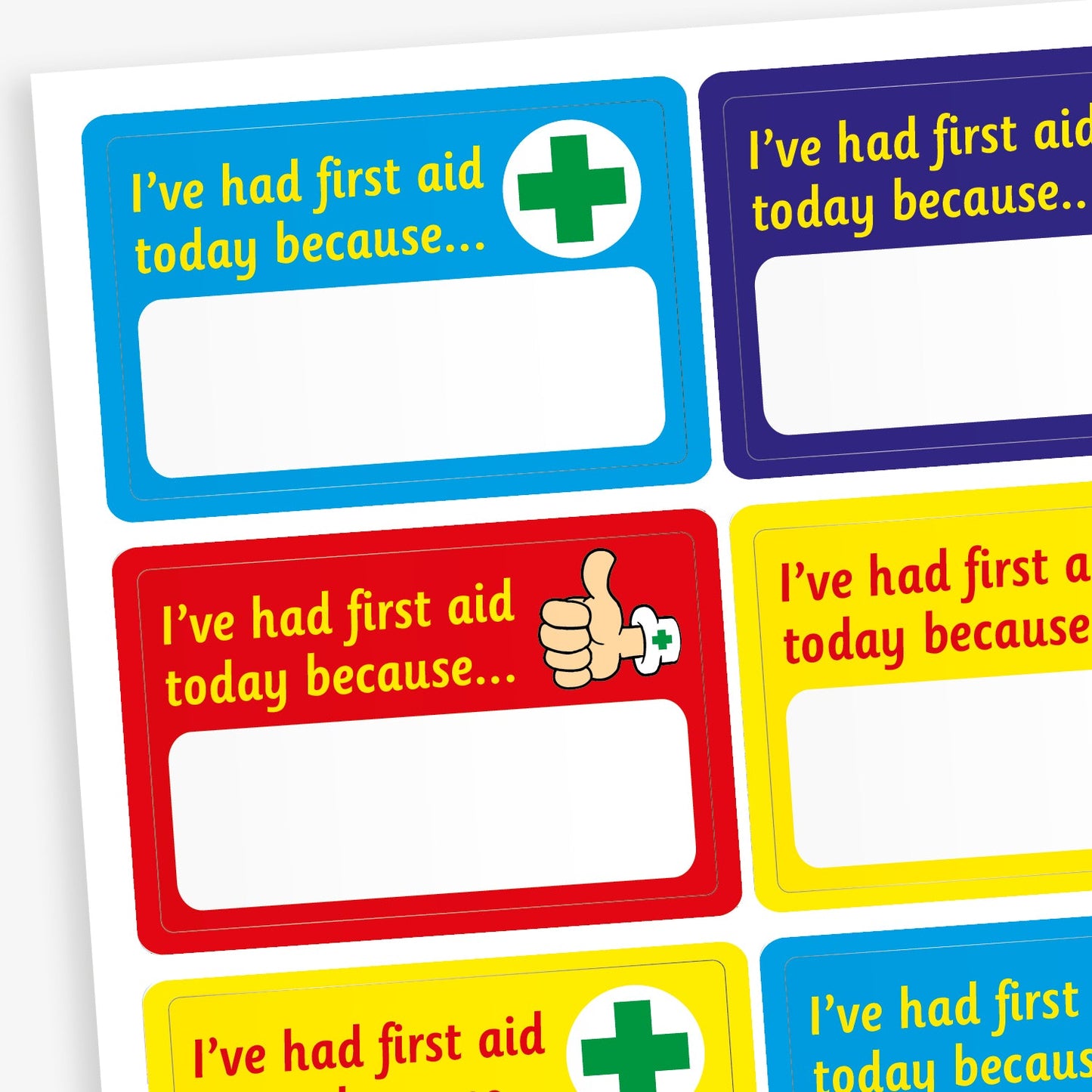A sheet of rectangular first aid stickers in various bright colours, including blue, red, yellow, and purple. Each sticker reads 'I've had first aid today because...' in yellow or blue text, with a blank space below for writing a reason. Some stickers feature a green medical cross or a thumbs-up icon. Designed for use in schools to inform parents or carers about minor first aid incidents.