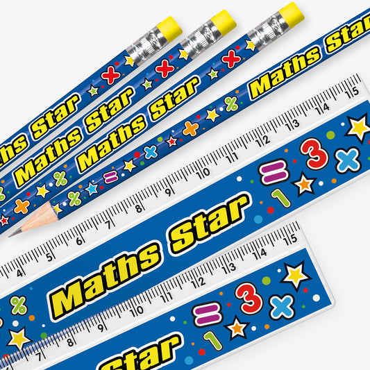 Set of blue school stationery items including pencils and rulers, all featuring the phrase 'Maths Star' in bold yellow letters, decorated with colourful mathematical symbols like plus, minus, multiplication, division, and stars.