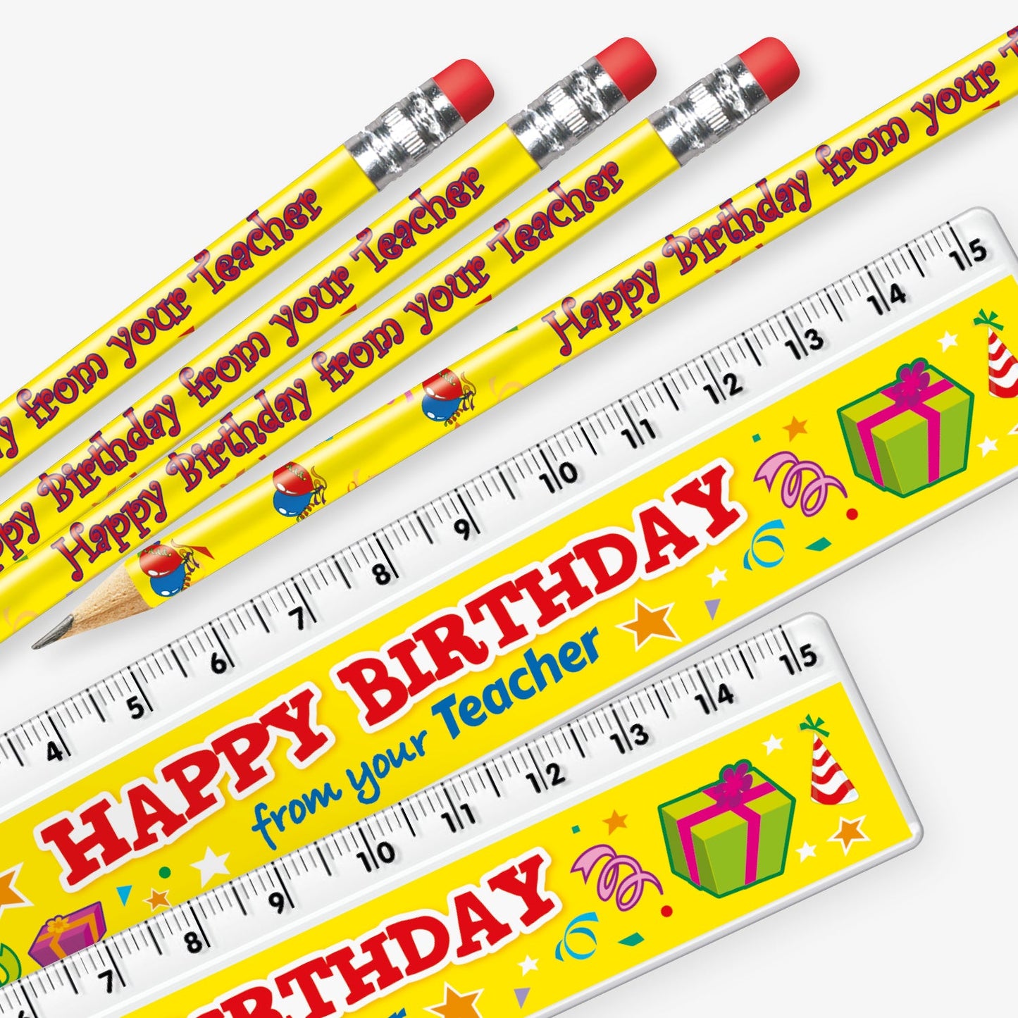 Set of 12 matching pencil and ruler pairs, each featuring a vibrant yellow background with presents and streamers and bold red text reading 'Happy Birthday from your Teacher' along the side