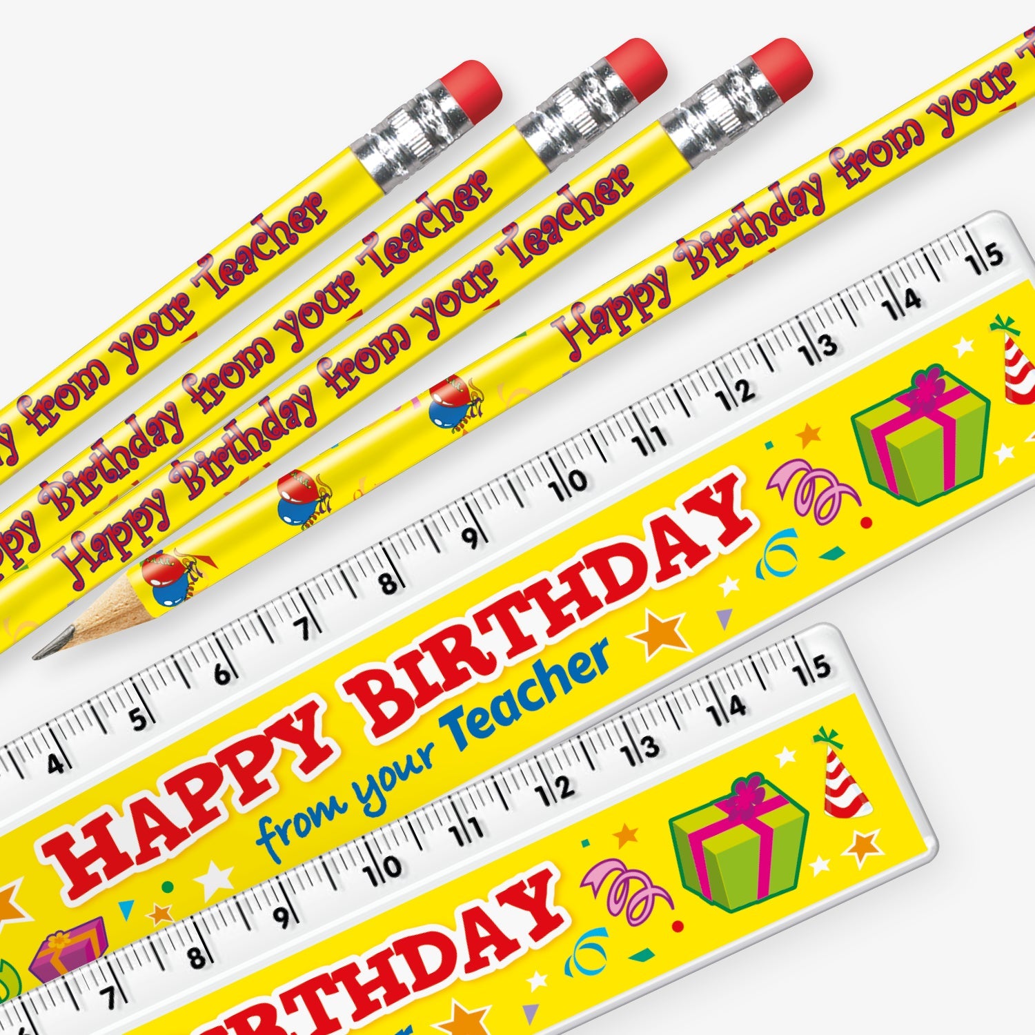 Set of 12 matching pencil and ruler pairs, each featuring a vibrant yellow background with presents and streamers and bold red text reading 'Happy Birthday from your Teacher' along the side