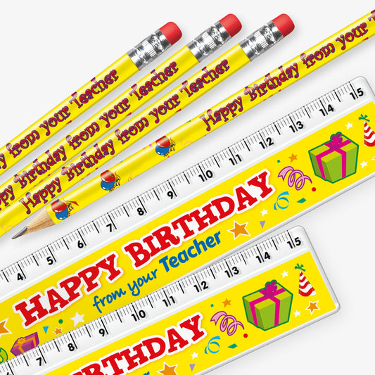 Set of 12 matching pencil and ruler pairs, each featuring a vibrant yellow background with presents and streamers and bold red text reading 'Happy Birthday from your Teacher' along the side