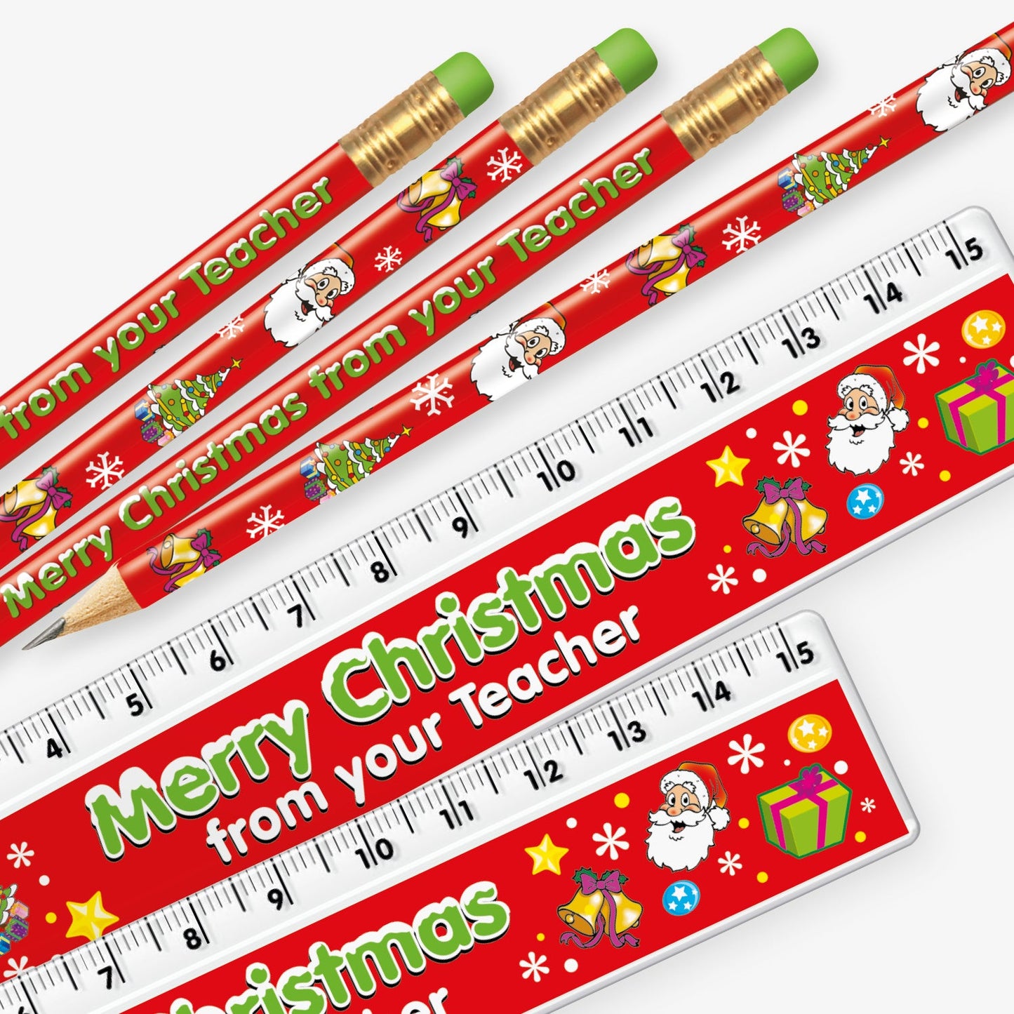 Set of 12 matching pencil and ruler pairs, each featuring a red background with festive icons - gold bells, christmas tree, Father Christmas and snow flakes with the wording  'Merry Christmas from your Teacher' in green text.