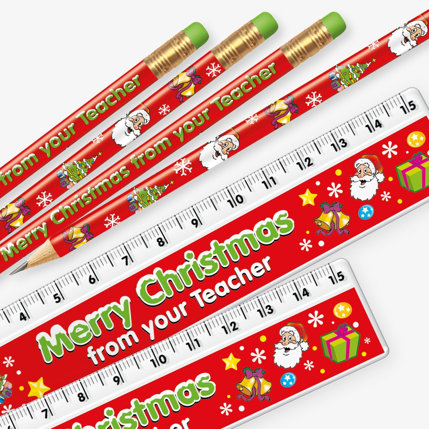 Set of 12 matching pencil and ruler pairs, each featuring a red background with festive icons - gold bells, christmas tree, Father Christmas and snow flakes with the wording  'Merry Christmas from your Teacher' in green text.