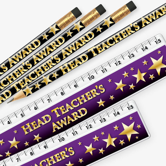 Set of 12 matching pencil and ruler pairs, each pencil featuring a black background with gold stars, and each ruler featuring a dark purple background with gold stars; and bold gold text reading 'Head Teacher's Award' along the side.