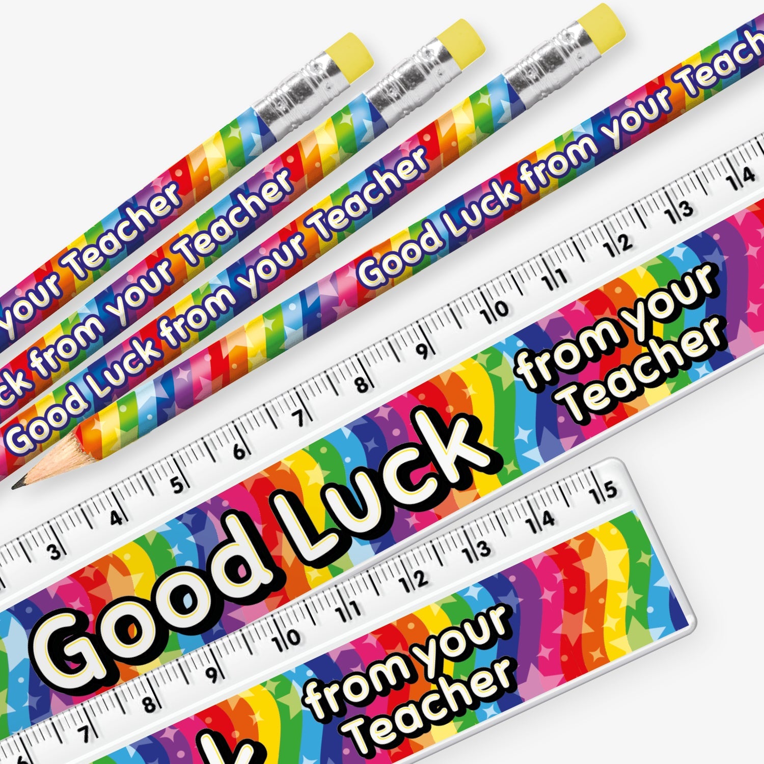Set of 12 matching pencil and ruler pairs, each featuring a vibrant rainbow background with stars and bold yellow and white text reading 'Good Luck from your Teacher' along the side.