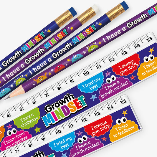 Set of 12 matching pencil and ruler pairs, each featuring a vibrant blue background with positivity multicoloured brains and bold text reading 'I have a Growth Mindset' along the side