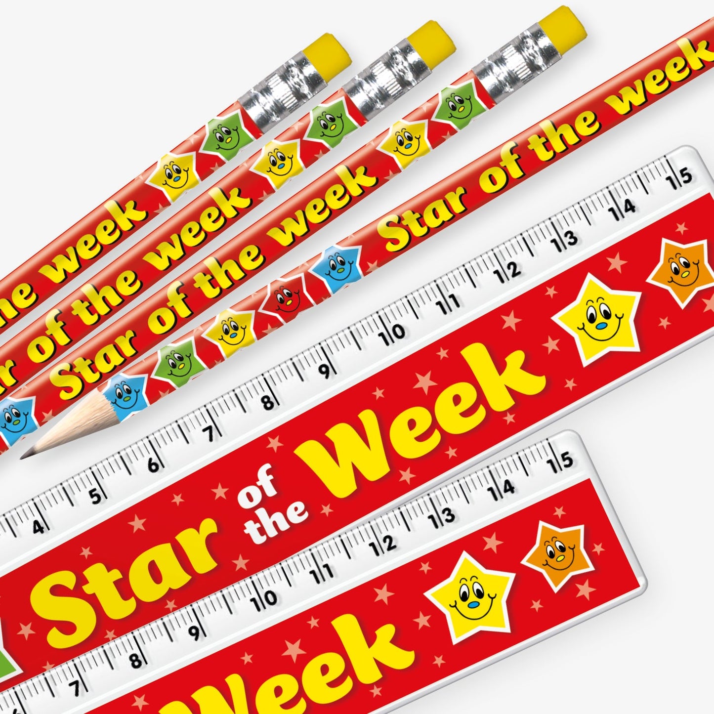 Set of 12 matching pencil and ruler pairs, each featuring a red background with multicoloured stars with the wording  'Star of the Week' in yellow text.