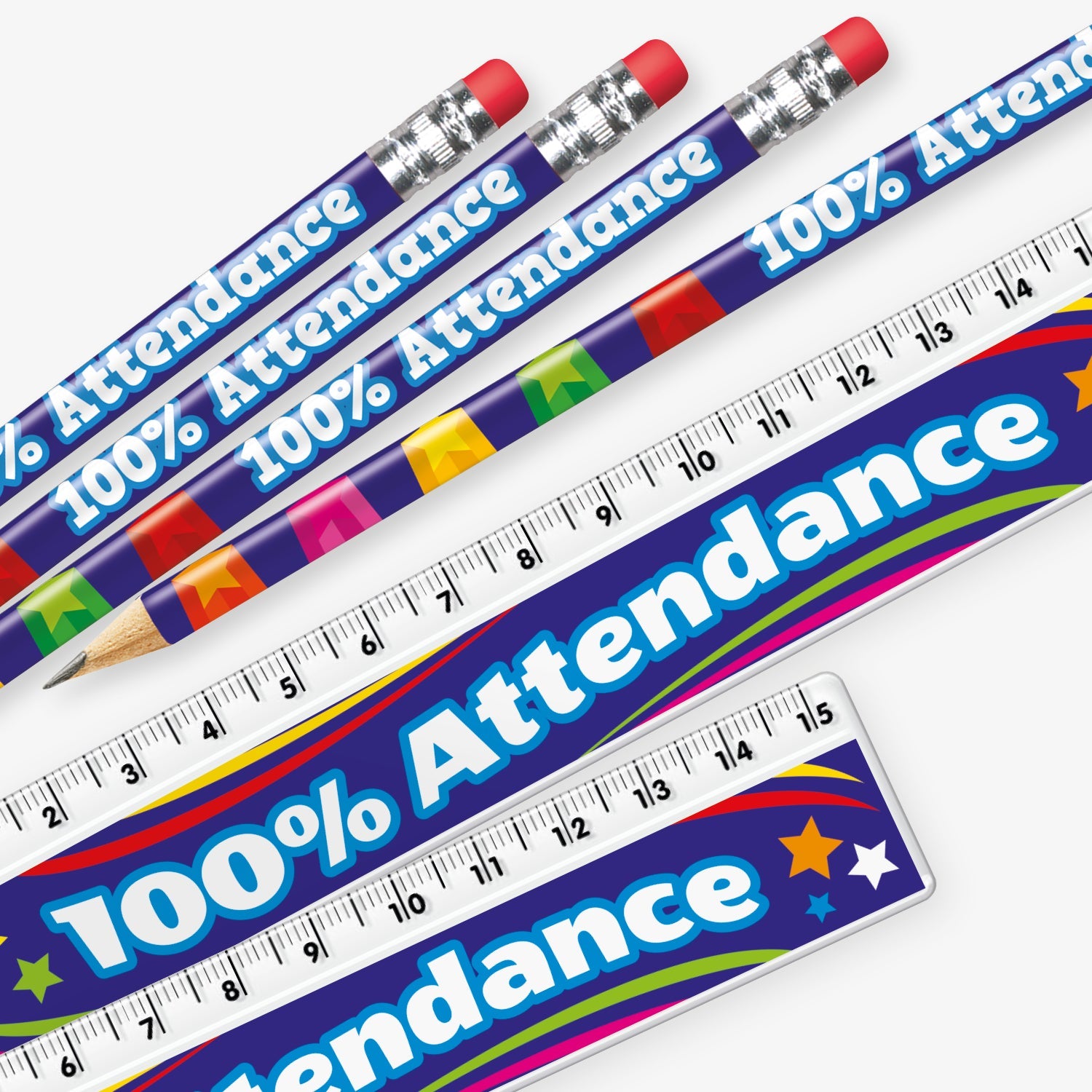 Set of 12 matching pencil and ruler pairs, each featuring a vibrant blue background with multicoloured stars and bold white text reading '100% Attendance' along the side.